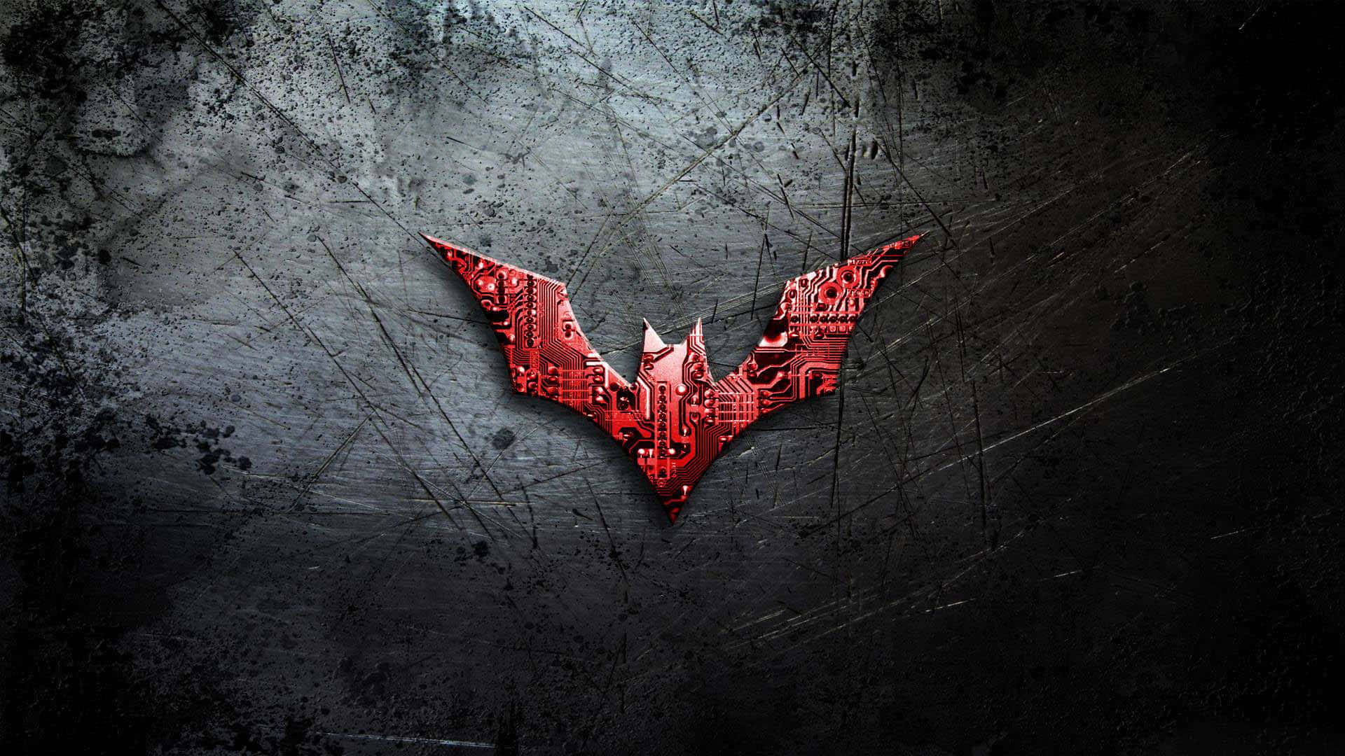 Red Batman Logo, glowing red, circuit board, Full HD Desktop Wallpaper