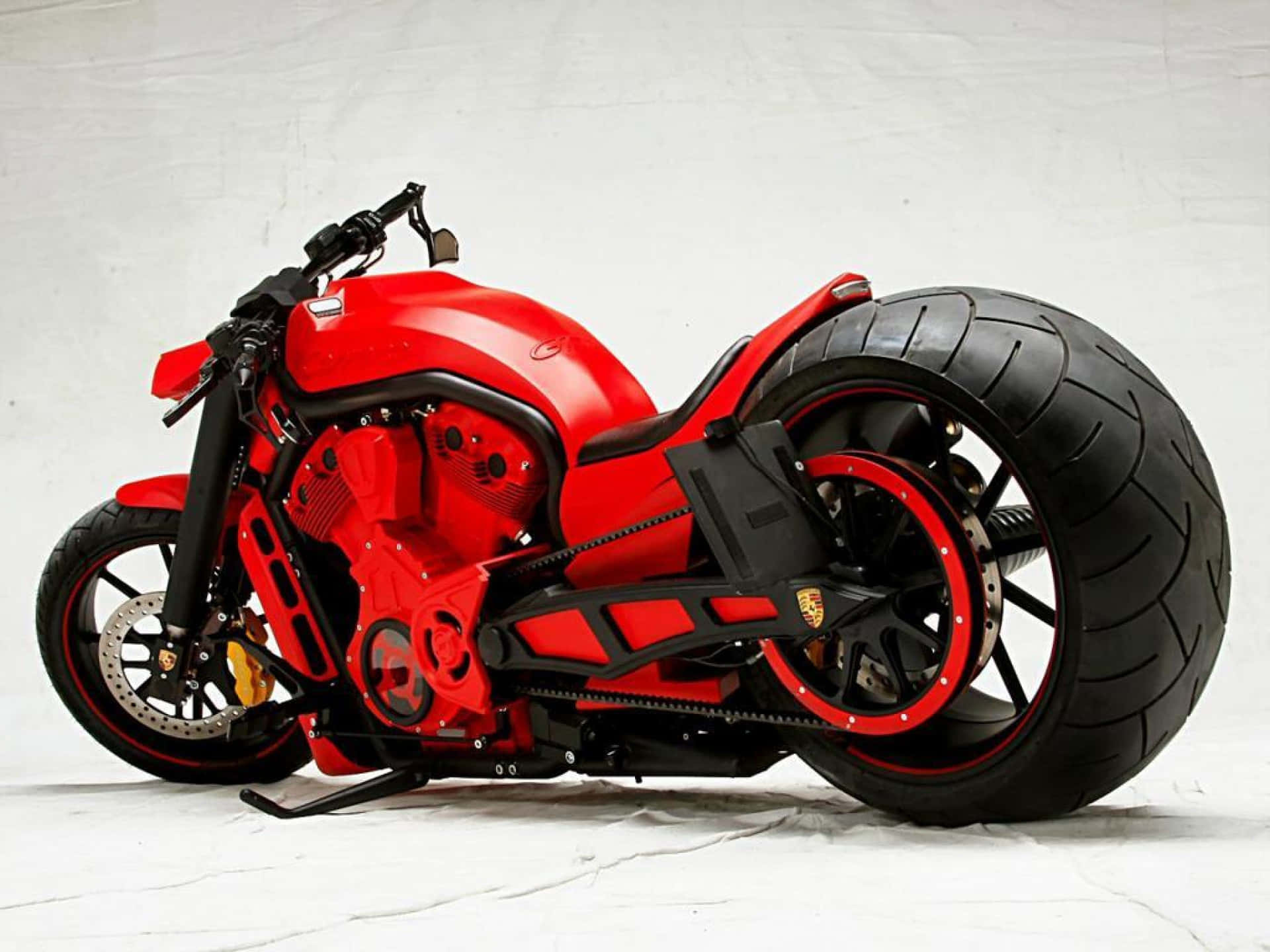 red custom motorcycle, oversized rear tire, exposed engine, Full HD Desktop Wallpaper