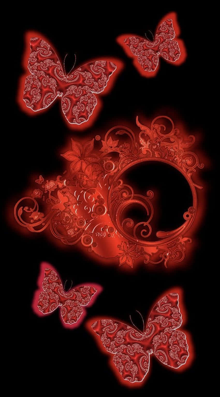 Red Butterfly, glowing red butterflies, ornate floral swirls, HD Phone Wallpaper