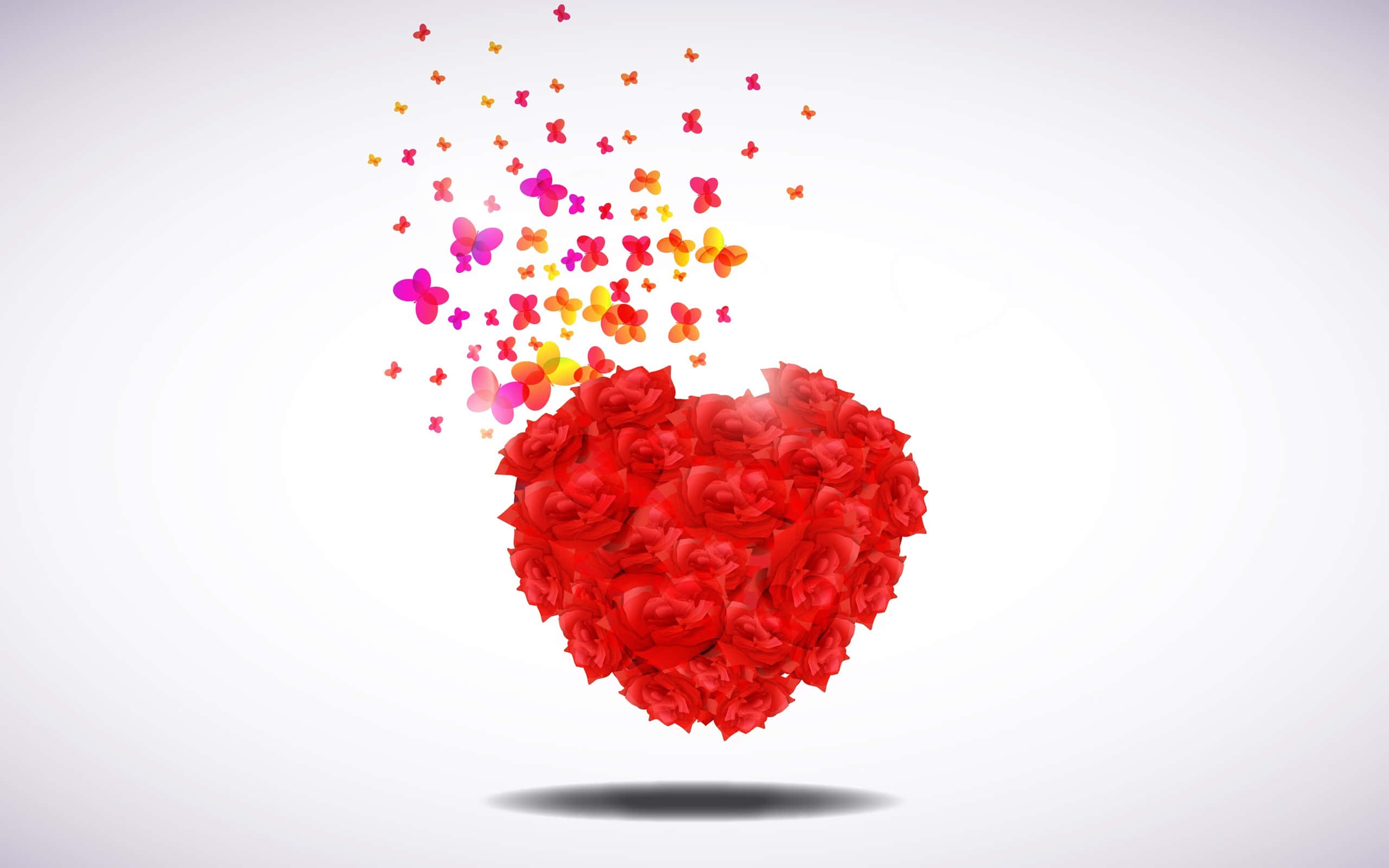 Red Butterfly, vibrant red heart, roses, 2K Desktop Wallpaper