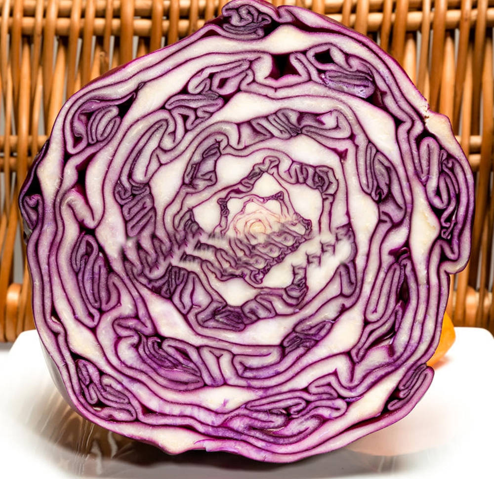 red cabbage, purple and white concentric layers, woven bamboo background, SD Desktop Wallpaper
