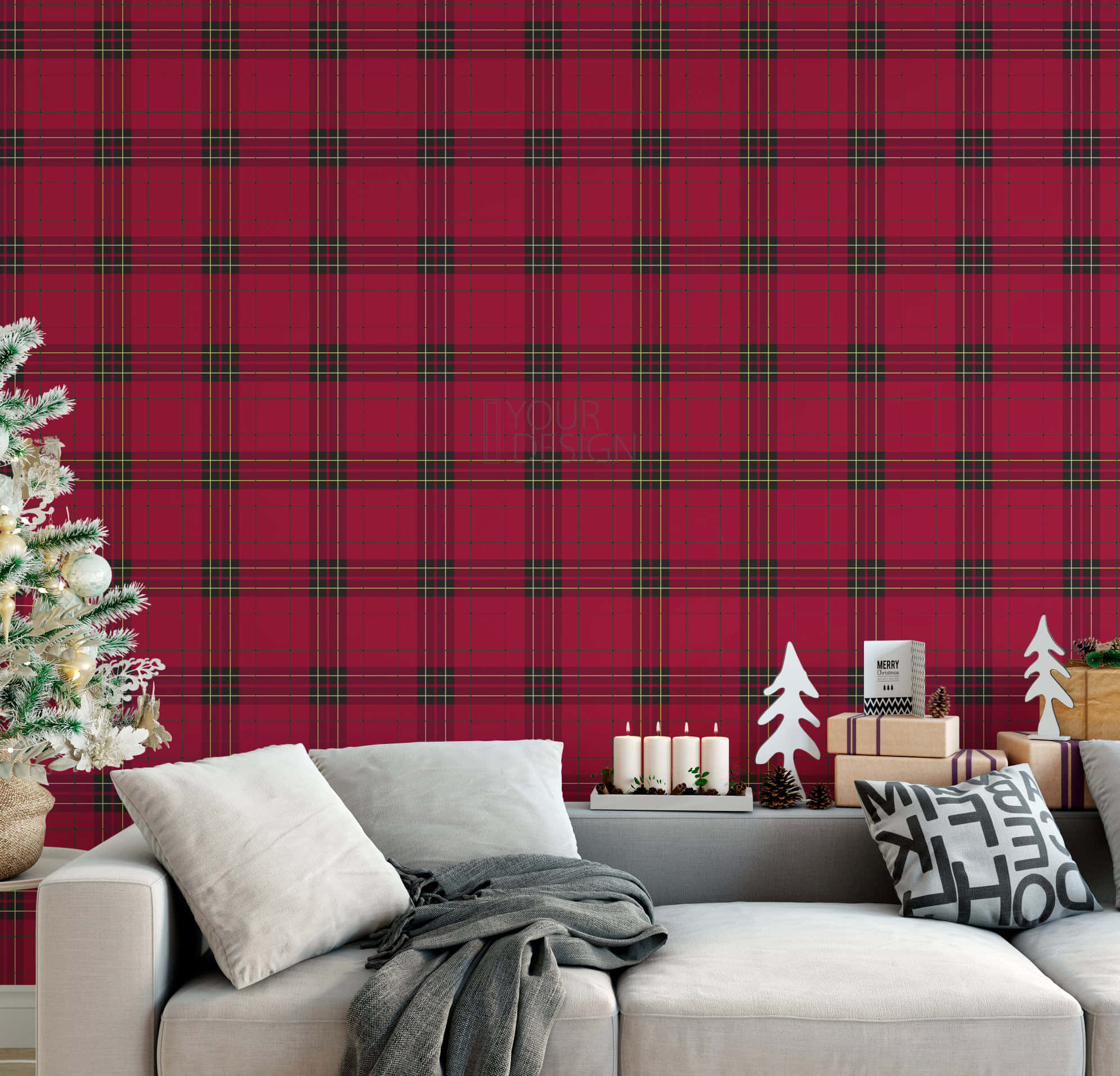 red plaid wallpaper, gray sofa, white pillows, Full HD Desktop Wallpaper