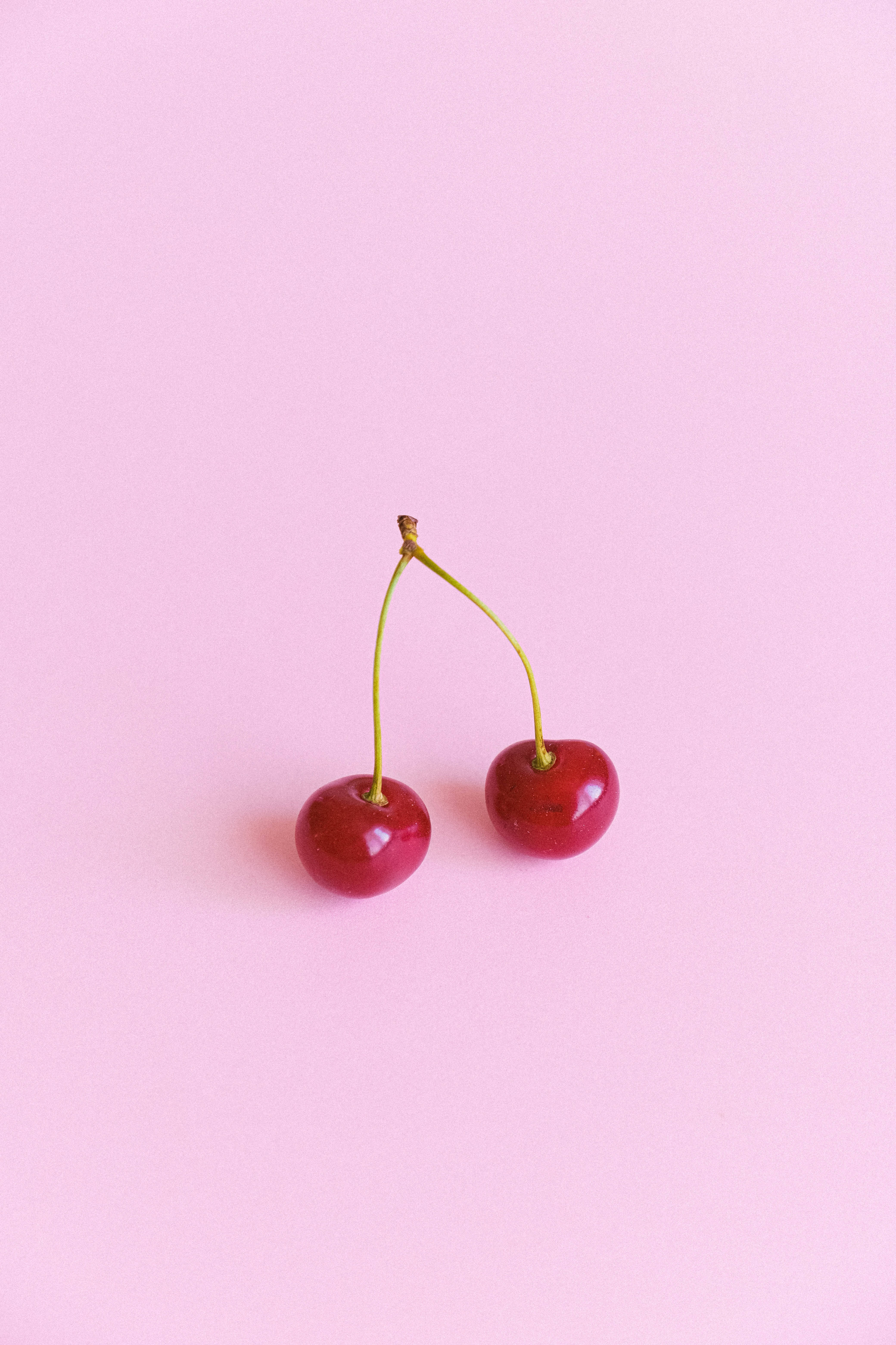 Red Cherries, glossy red cherries, green stems, 5K Phone Wallpaper