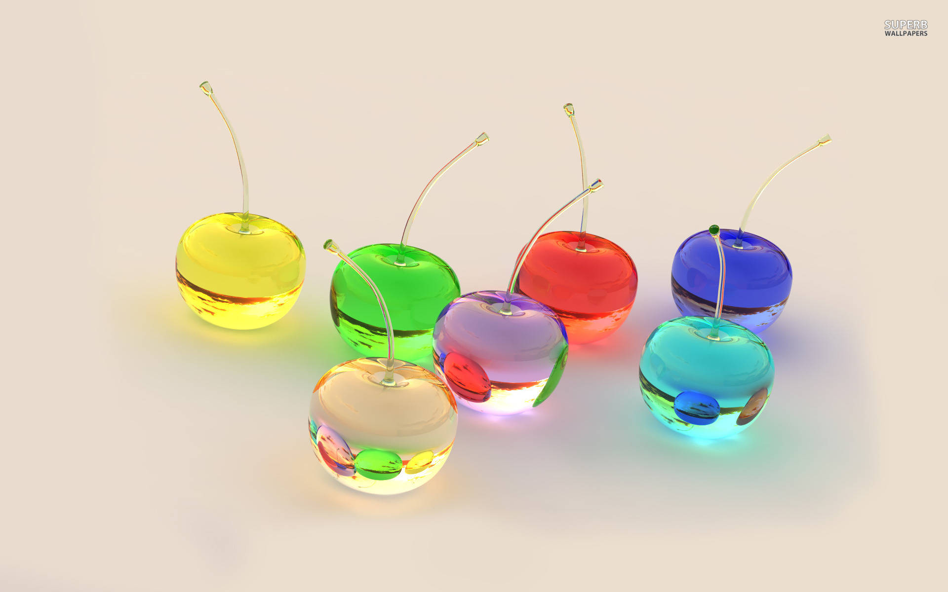 Red Cherries, translucent glass cherries, vibrant colors, Full HD Desktop Wallpaper