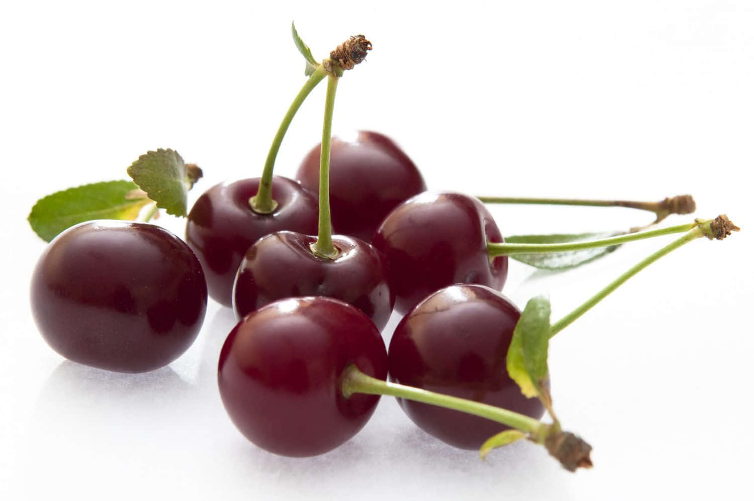 Red Cherries, dark red cherries, green stems, HD Desktop Wallpaper