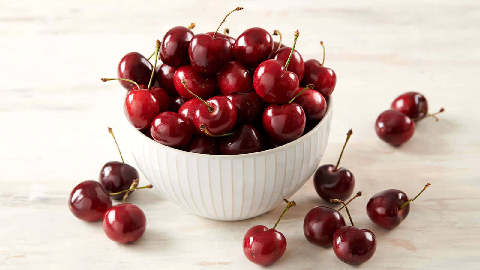 Red Cherries, white bowl, glossy red cherries, HD Desktop Wallpaper