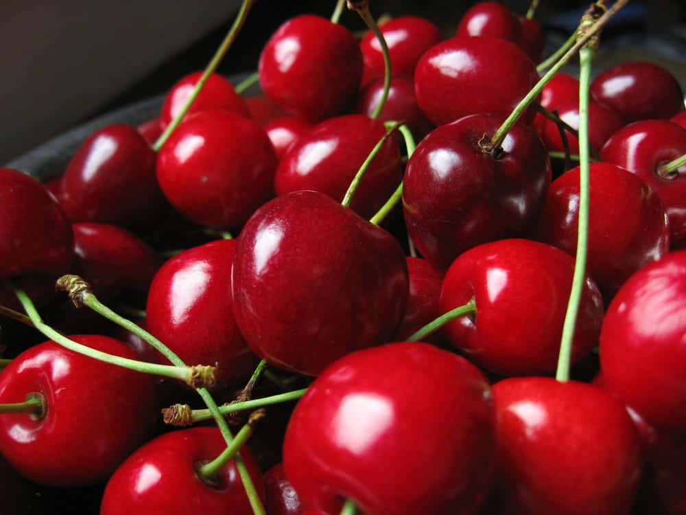 red cherries, glossy, green stems, SD Desktop Wallpaper