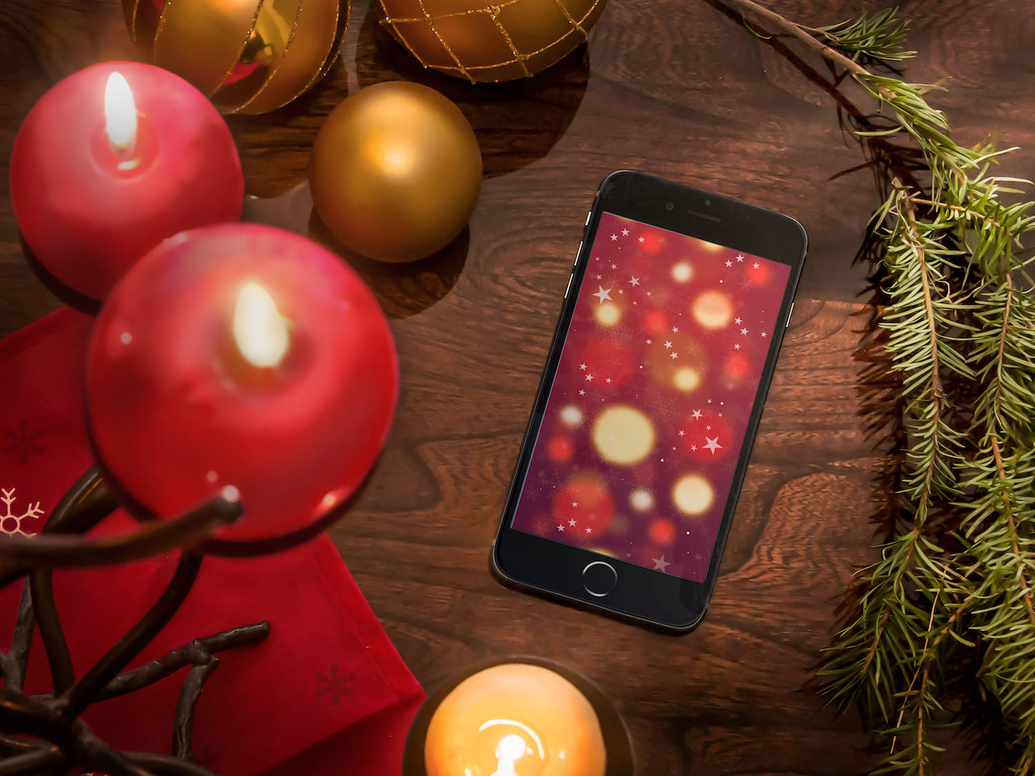 Snowy Christmas iPhone, red candles, gold ornaments, HD Desktop Wallpaper