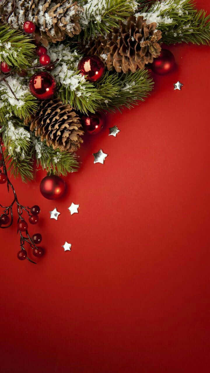 Christmas, red background, festive holiday wreath, HD Phone Wallpaper