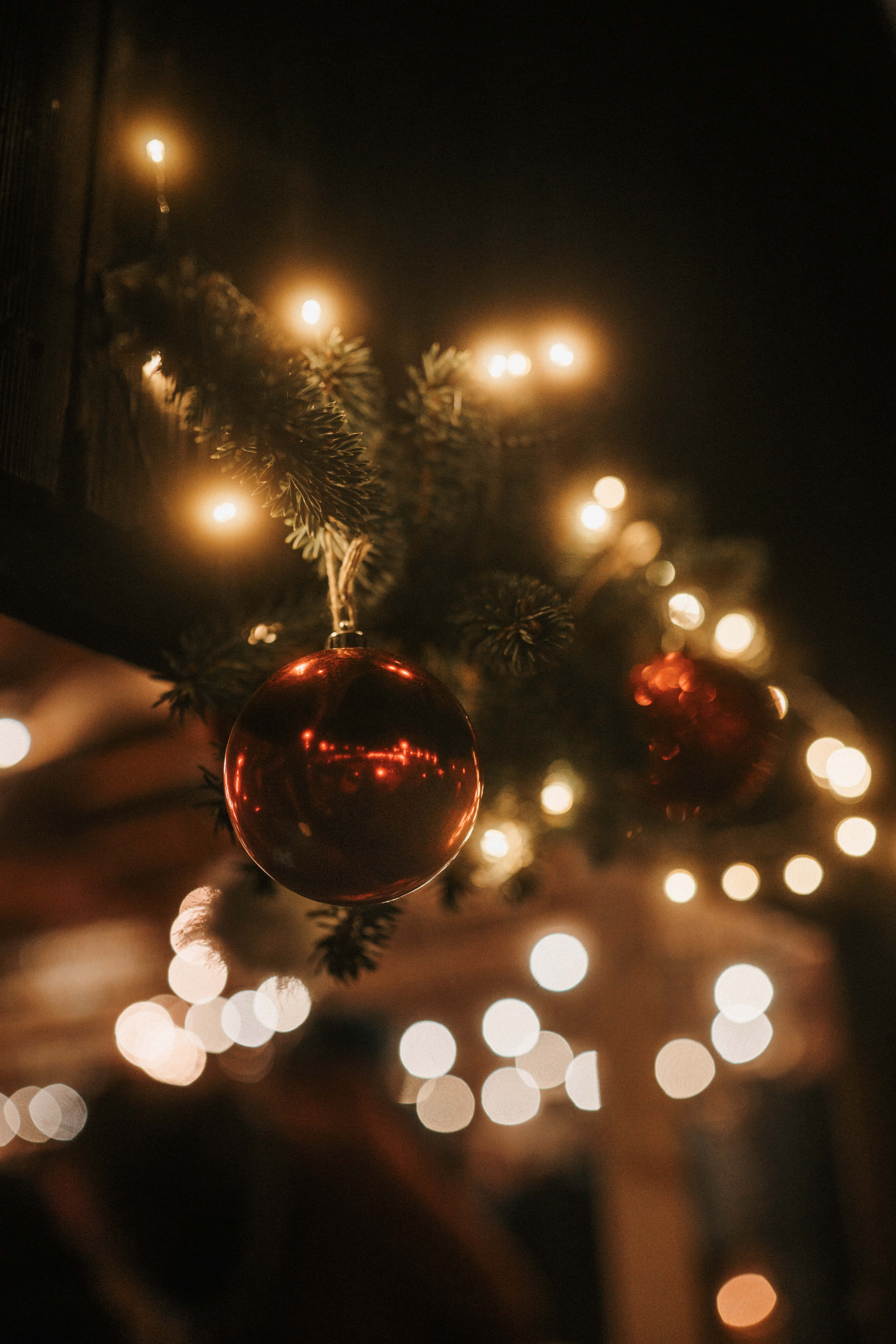 iPhone, Christmas Aesthetic, red ball lights, 5K Phone Wallpaper