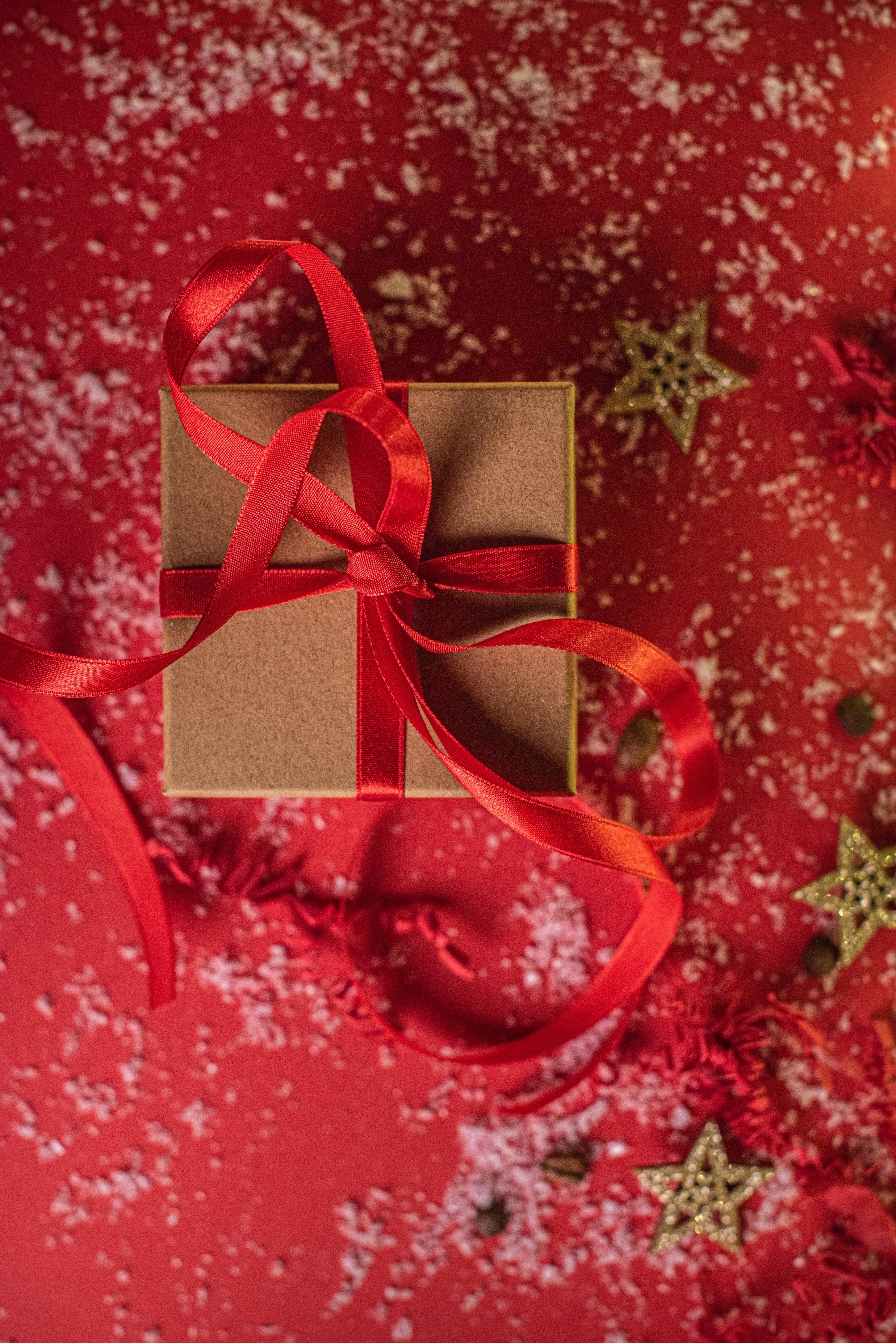 red satin ribbon, festive red surface, glittery stars, 5K Phone Wallpaper