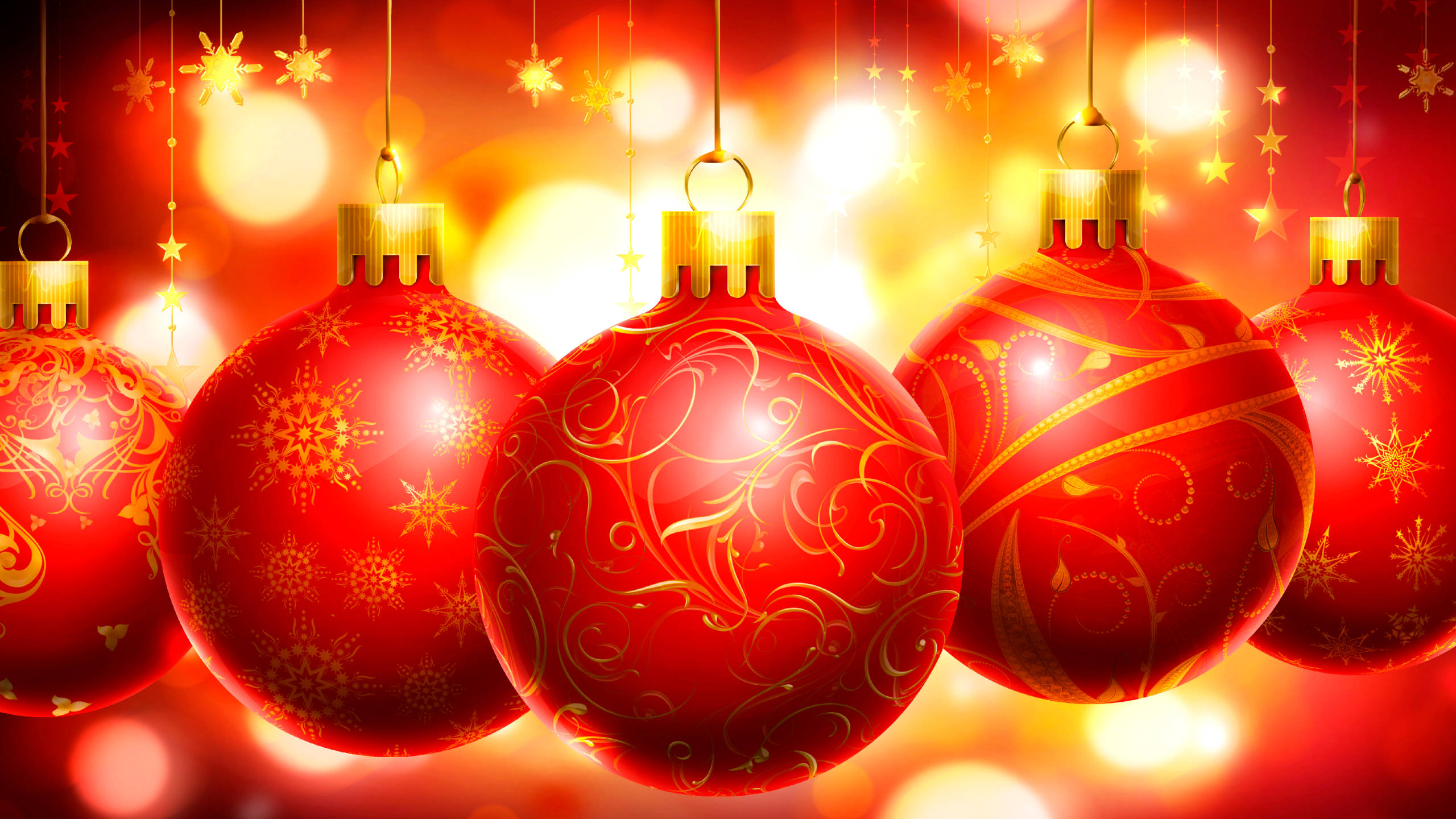 Red Christmas, glossy red Christmas ornaments, gold swirls, 2K Desktop Wallpaper