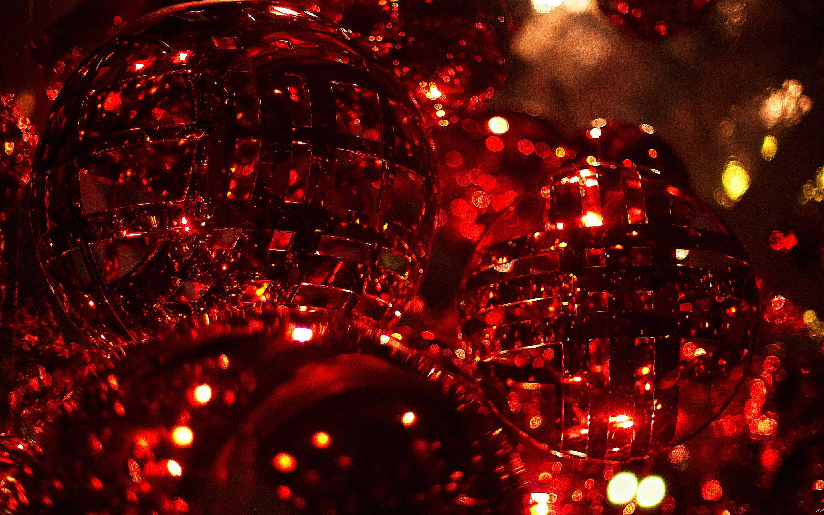 red festive christmas balls, shimmering red disco balls, warm lights, 2K Desktop Wallpaper