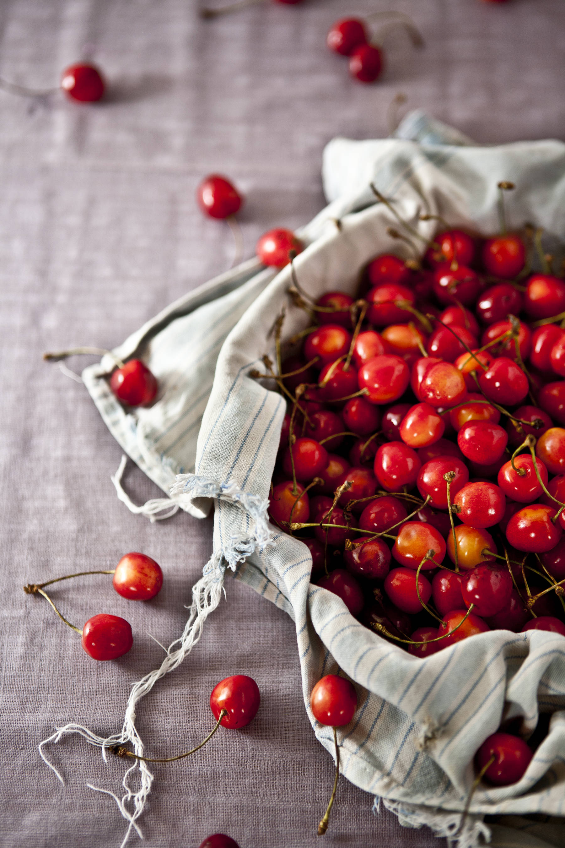 burlap bag, glossy red cherries, textured gray linen surface, 2K Phone Wallpaper