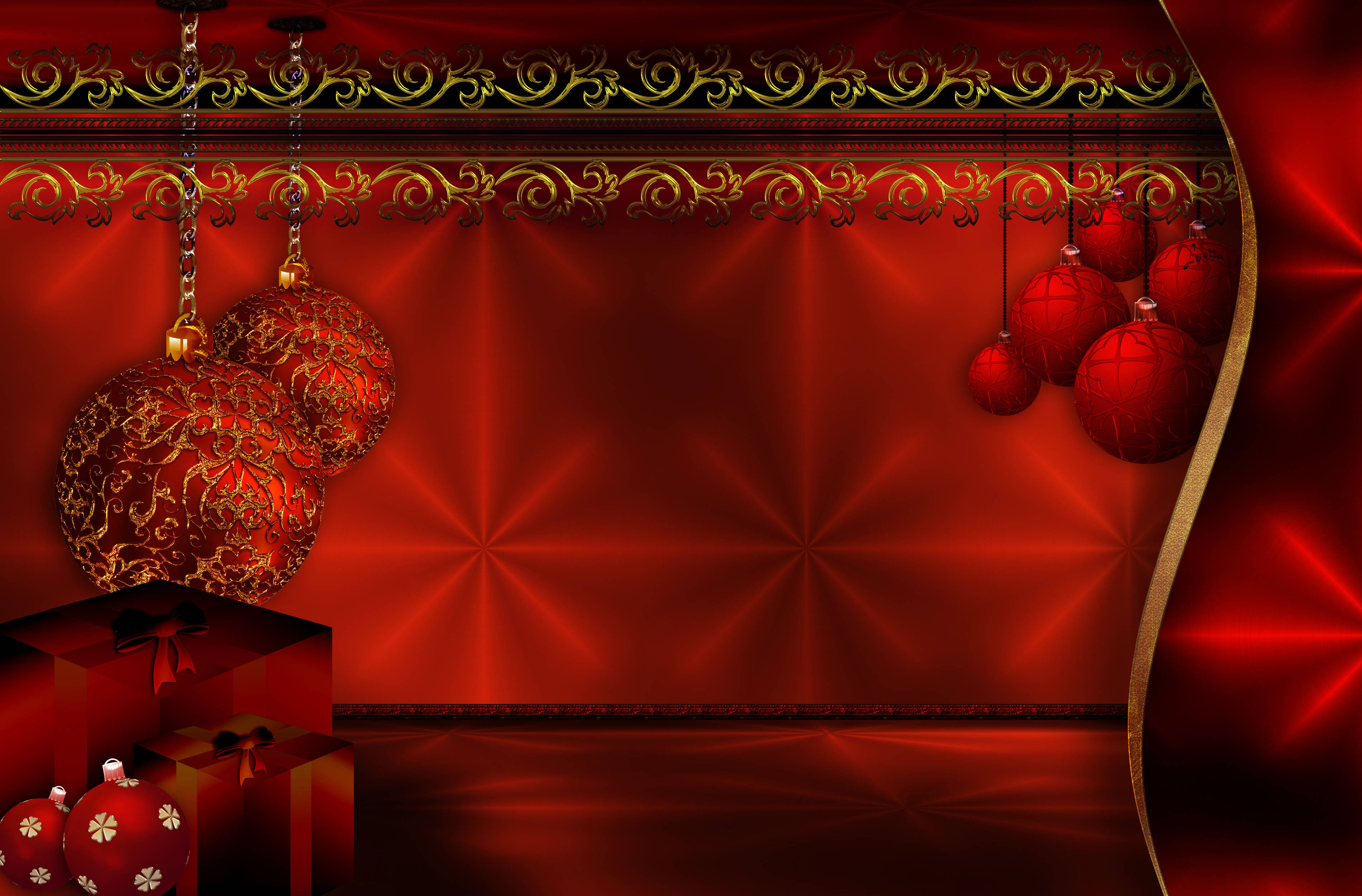 red, gold, Christmas ornaments, 2K Desktop Wallpaper