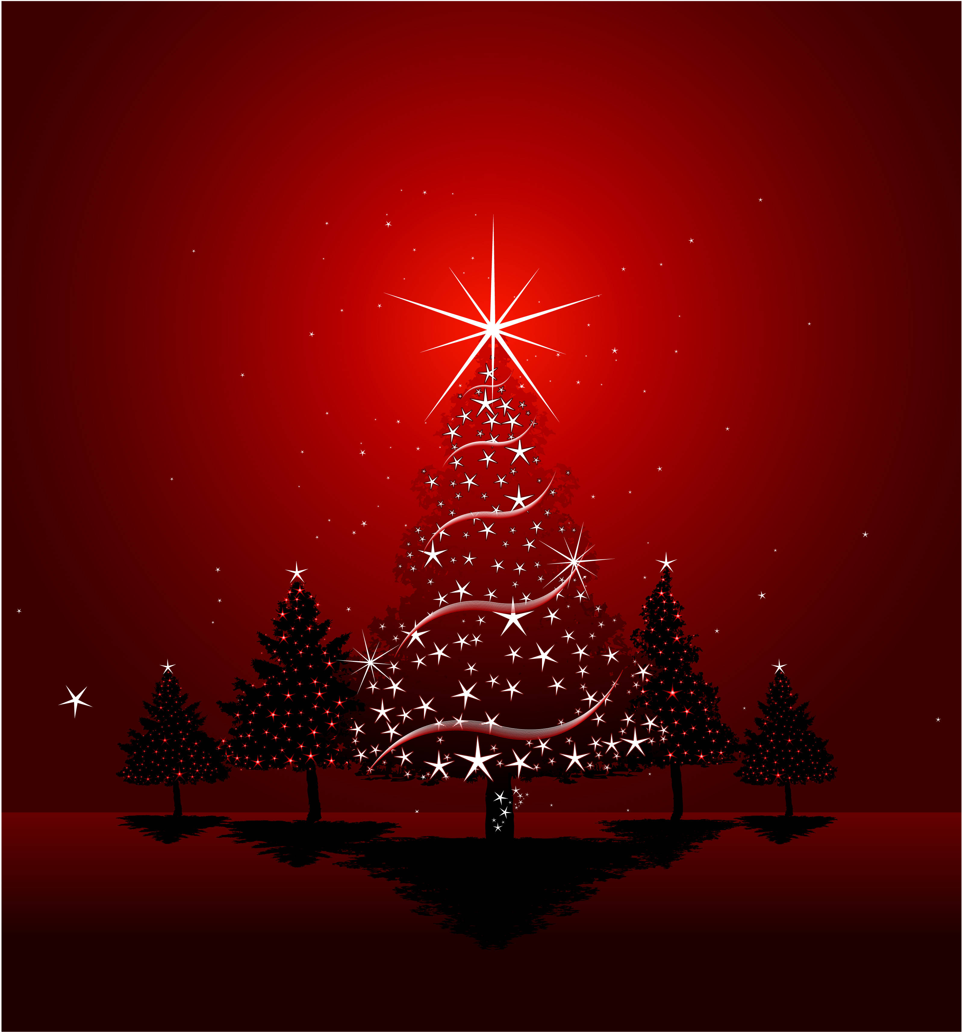 Red Christmas, glowing starry Christmas tree, deep red sky, 2K Phone Wallpaper