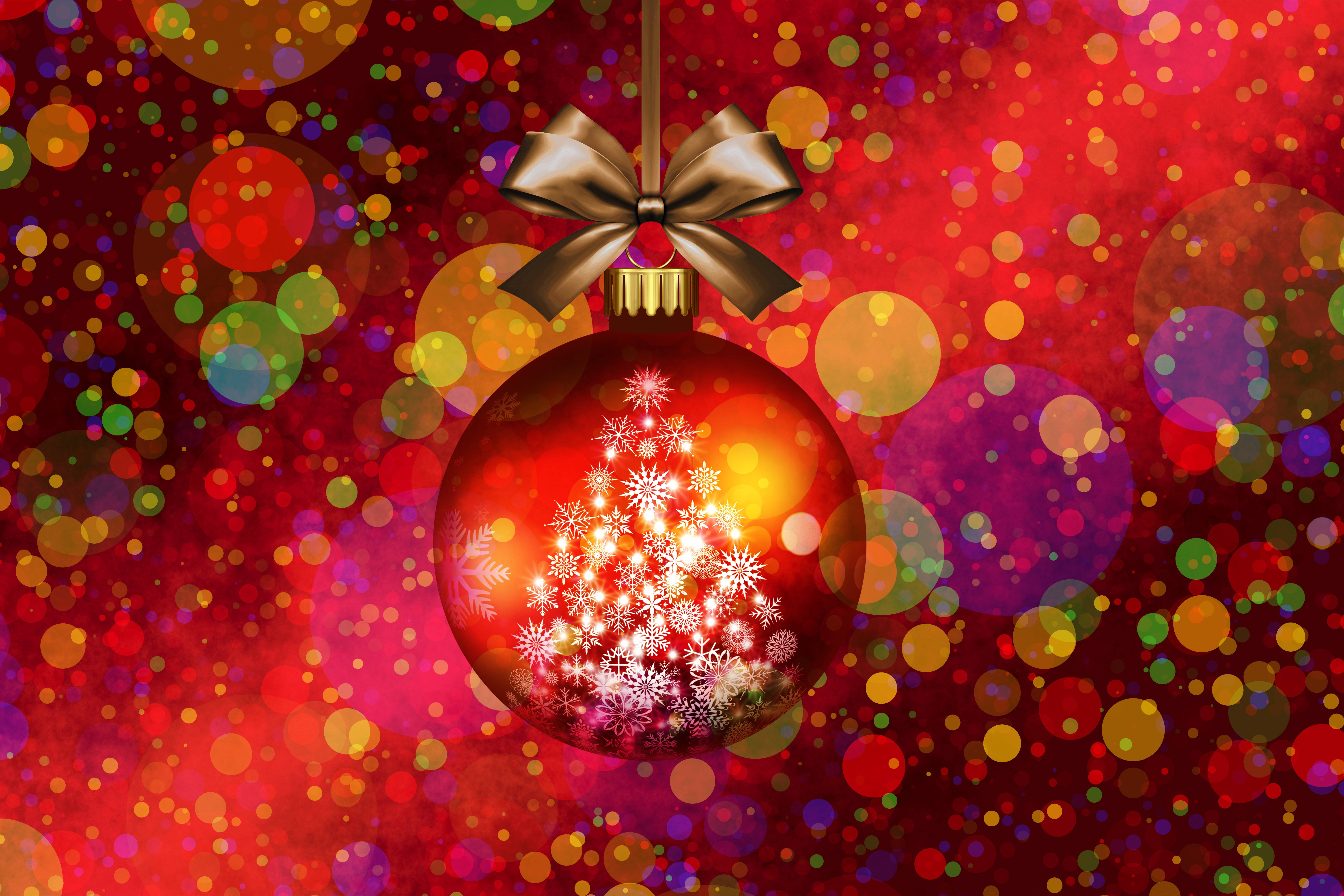 Red Christmas Ornament, glossy red, gold bow, 5K Desktop Wallpaper