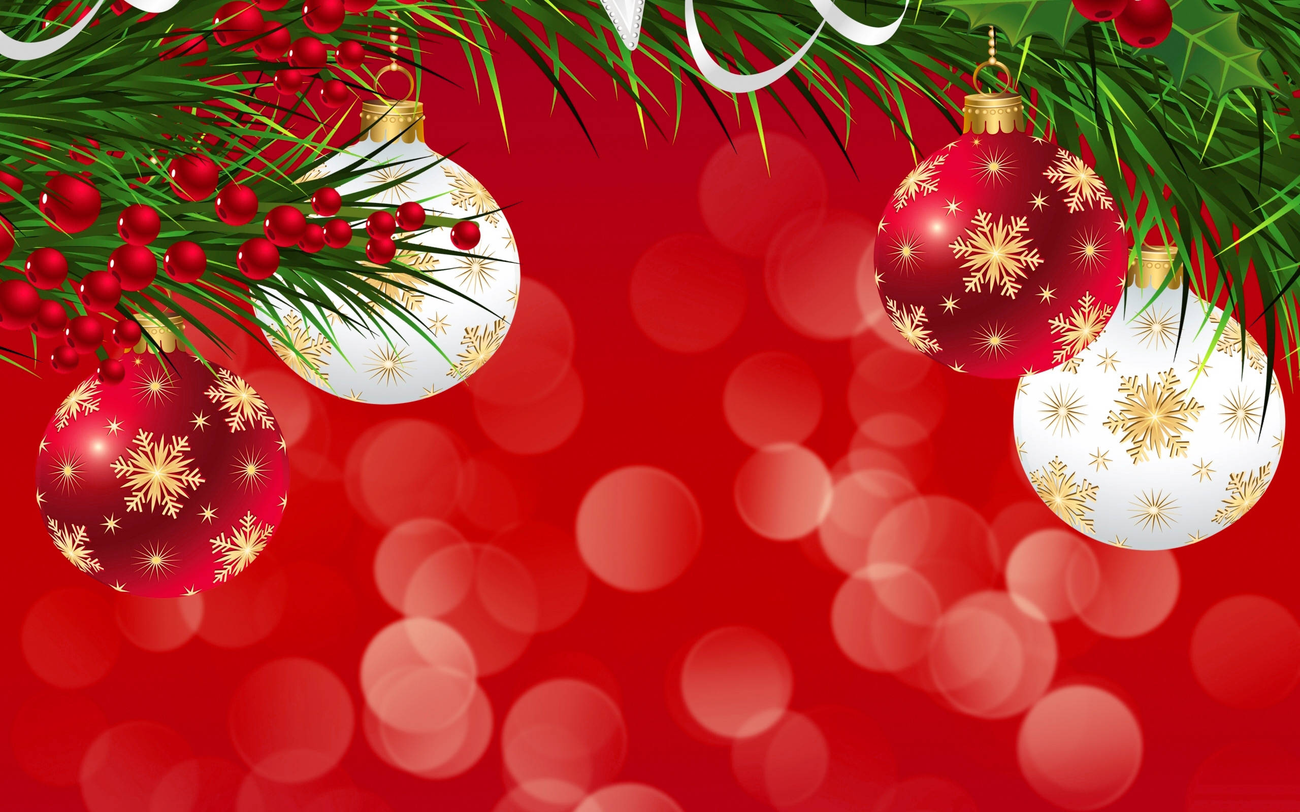 red bokeh background, red and white snowflake ornaments, green pine branches, 2K Desktop Wallpaper