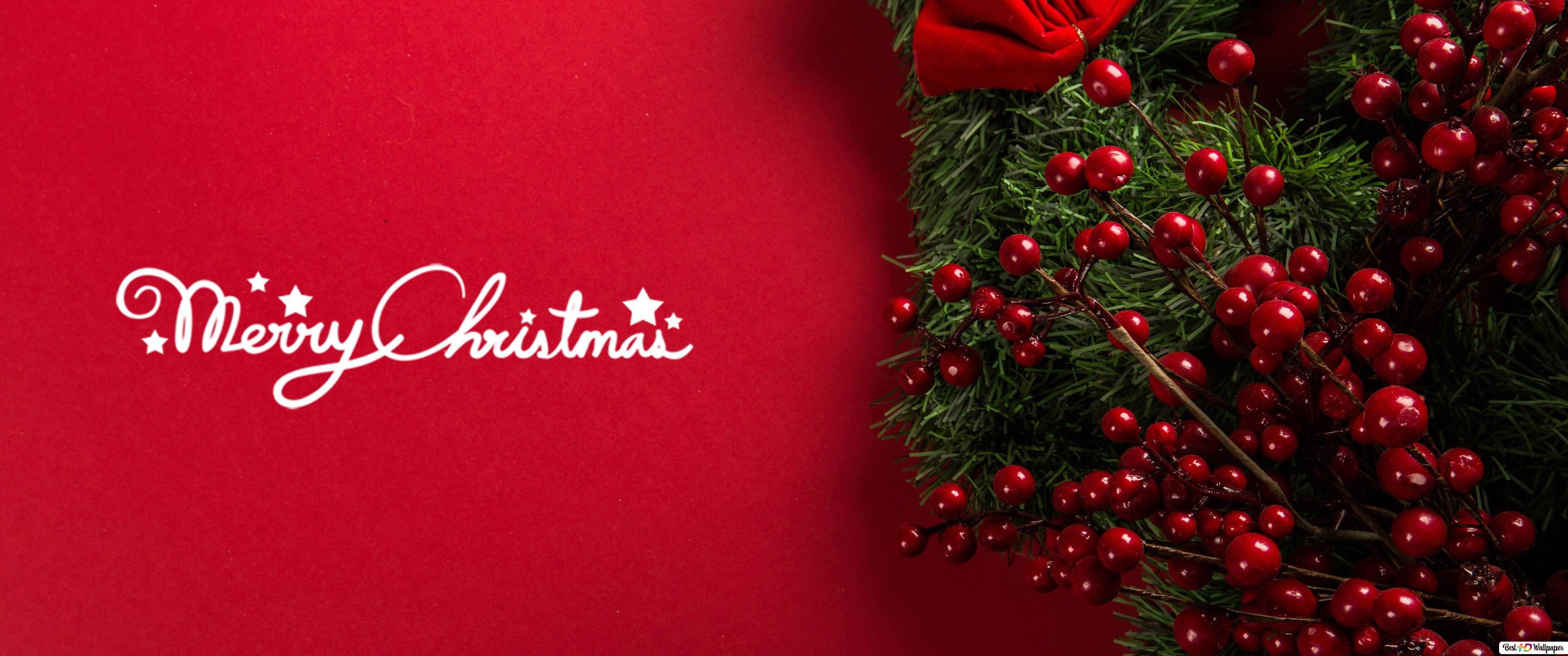 Merry Christmas, red background, white cursive text, 2K Desktop Wallpaper