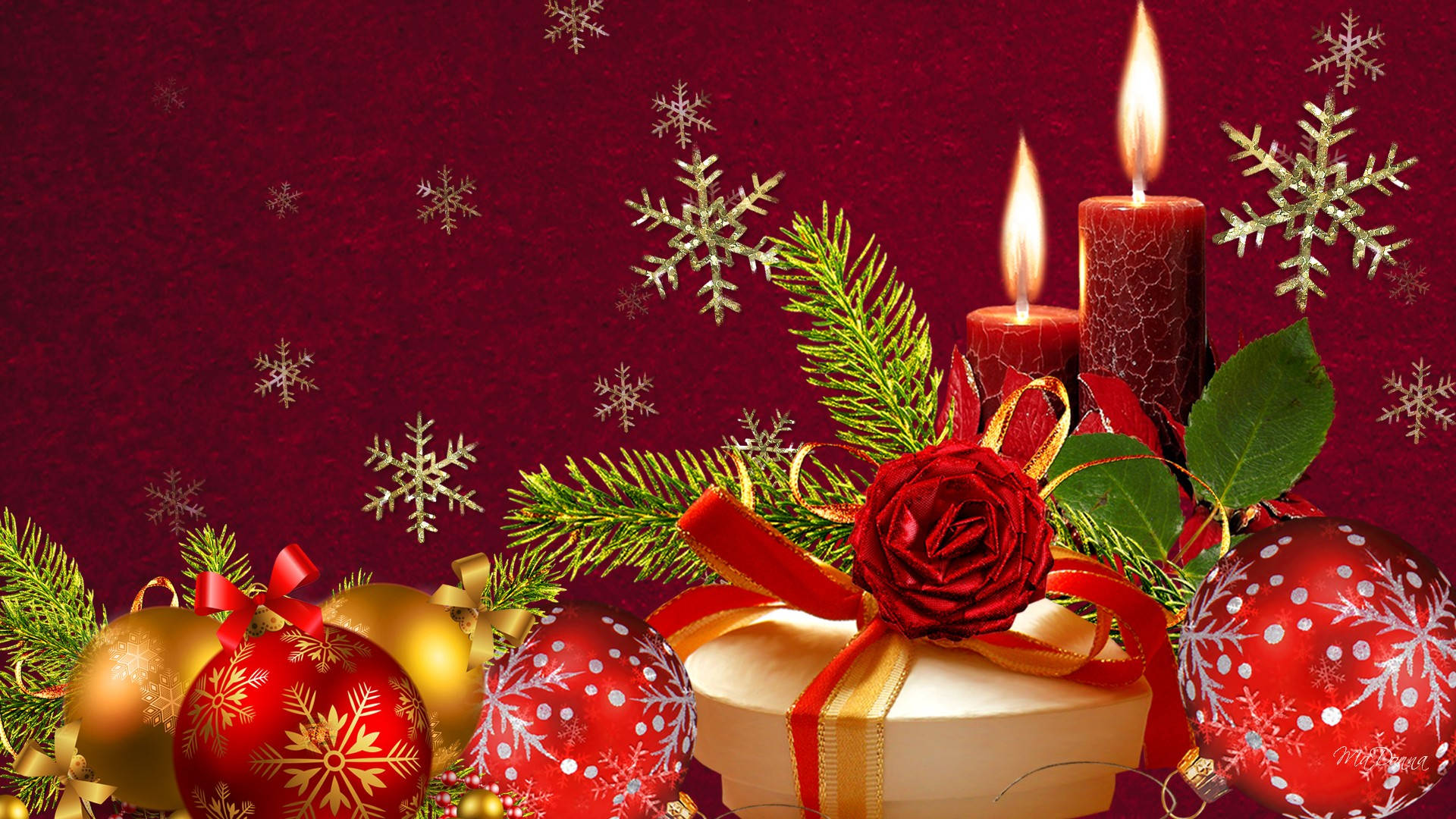 Red Christmas, red candles, gold ornaments, Full HD Desktop Wallpaper