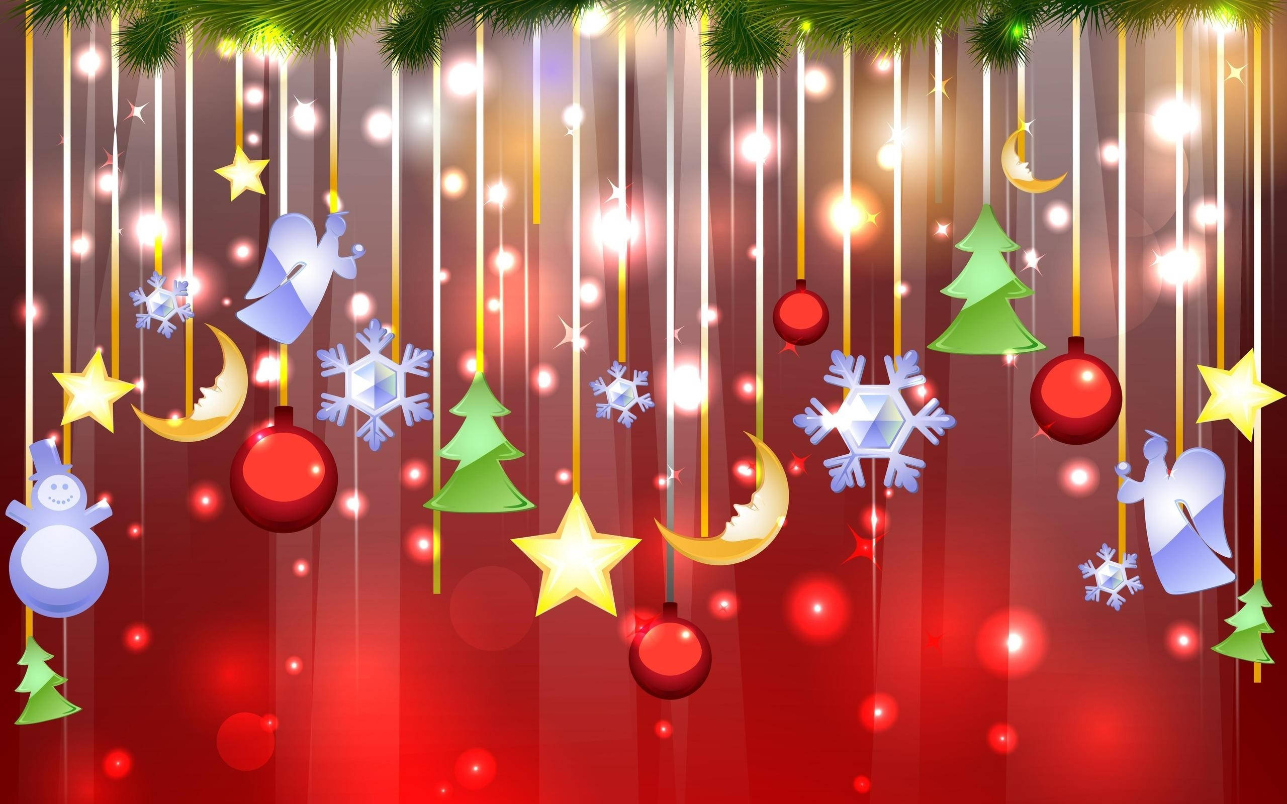 Vibrant Red Christmas Background, Christmas ornaments, snowflakes, 2K Desktop Wallpaper