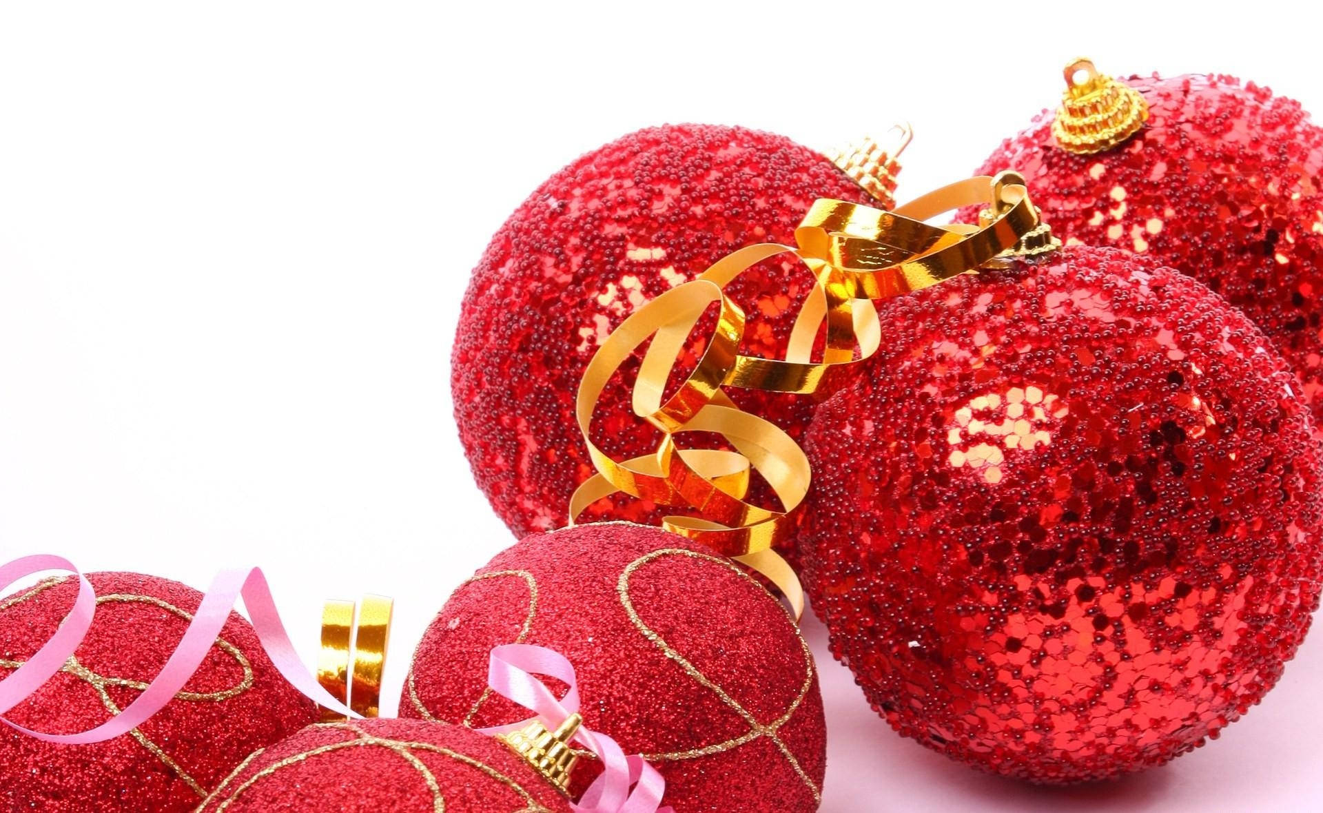glittery red Christmas ornaments, gold ribbons, pink ribbons, Full HD Desktop Wallpaper