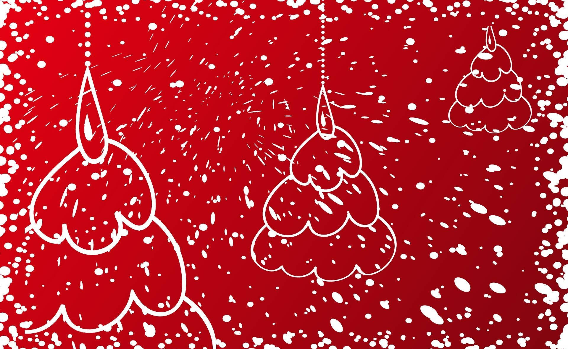 Red Christmas, white line-drawn Christmas trees, vibrant red background, Full HD Desktop Wallpaper