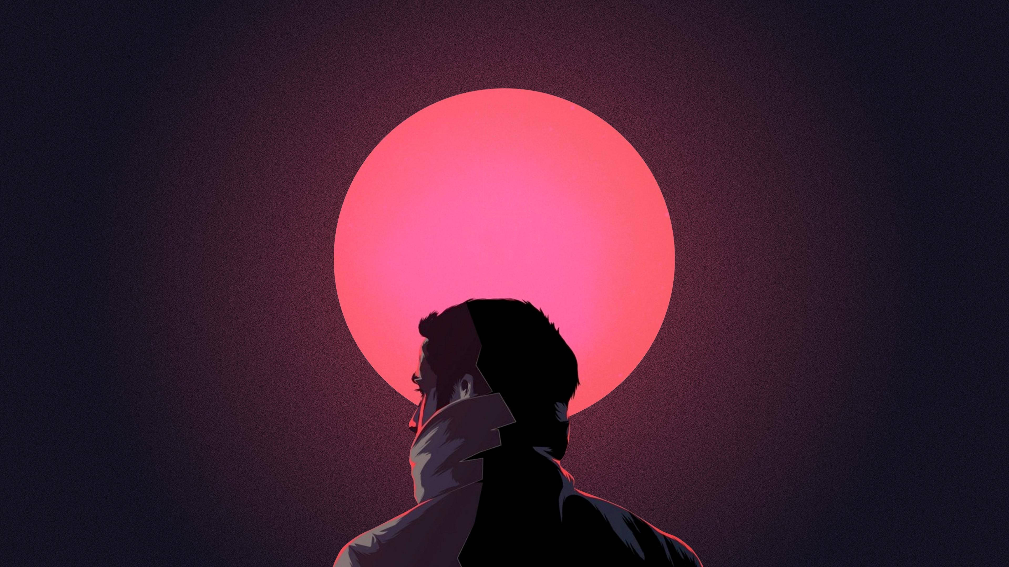 Red Circle, silhouetted figure, glowing pink sun, 4K Desktop Wallpaper