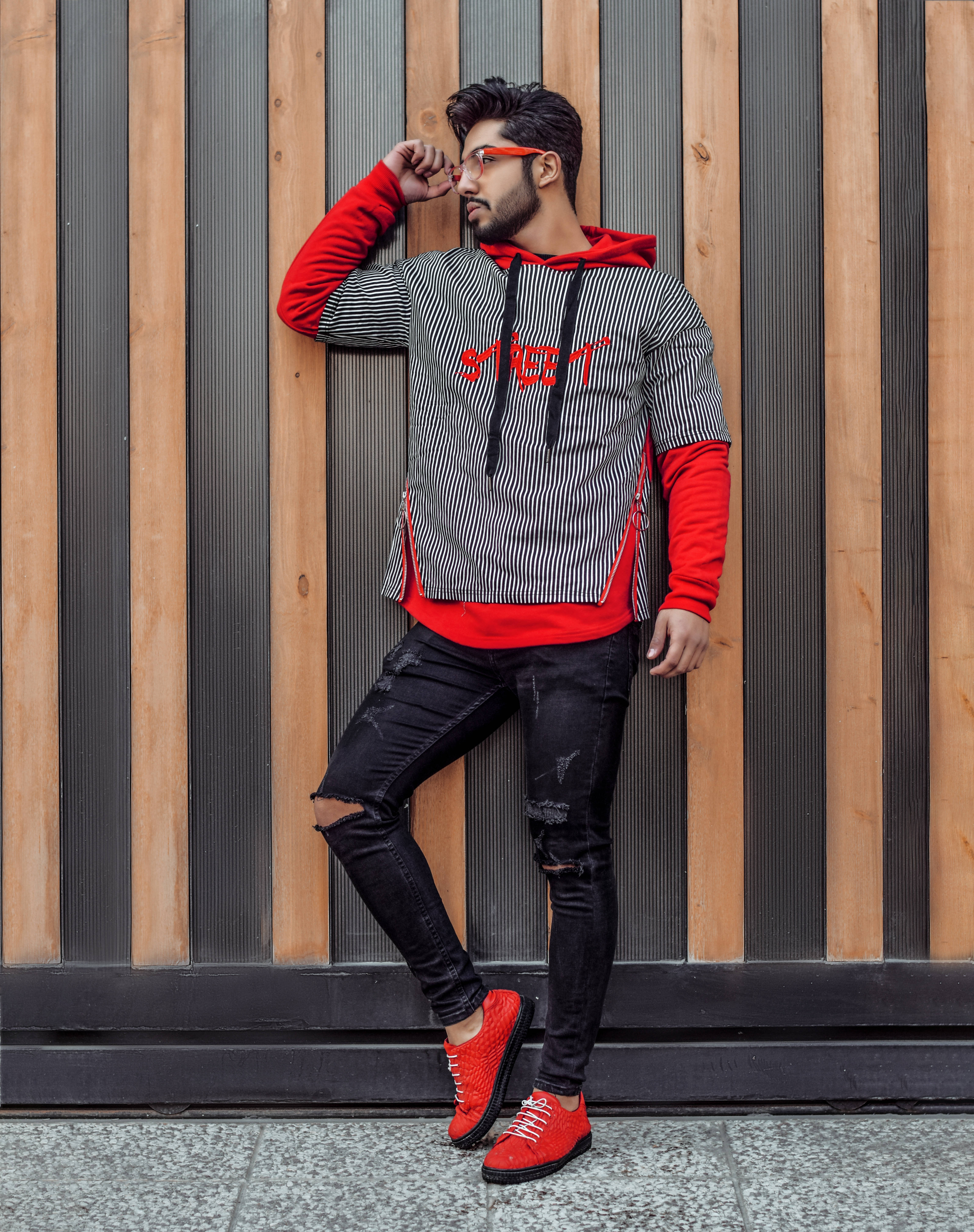 red sneakers, striped hoodie, wooden and metal wall, 5K Phone Wallpaper