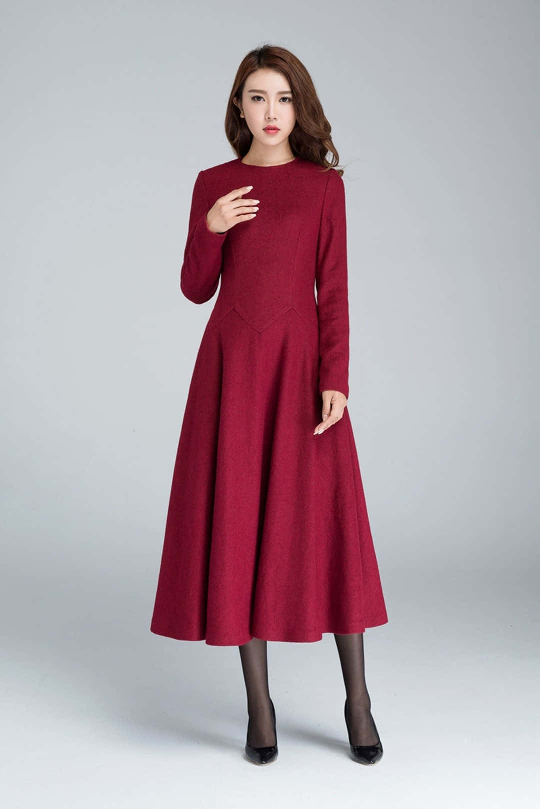 burgundy wool dress, neutral gray studio backdrop, poised woman, HD Phone Wallpaper