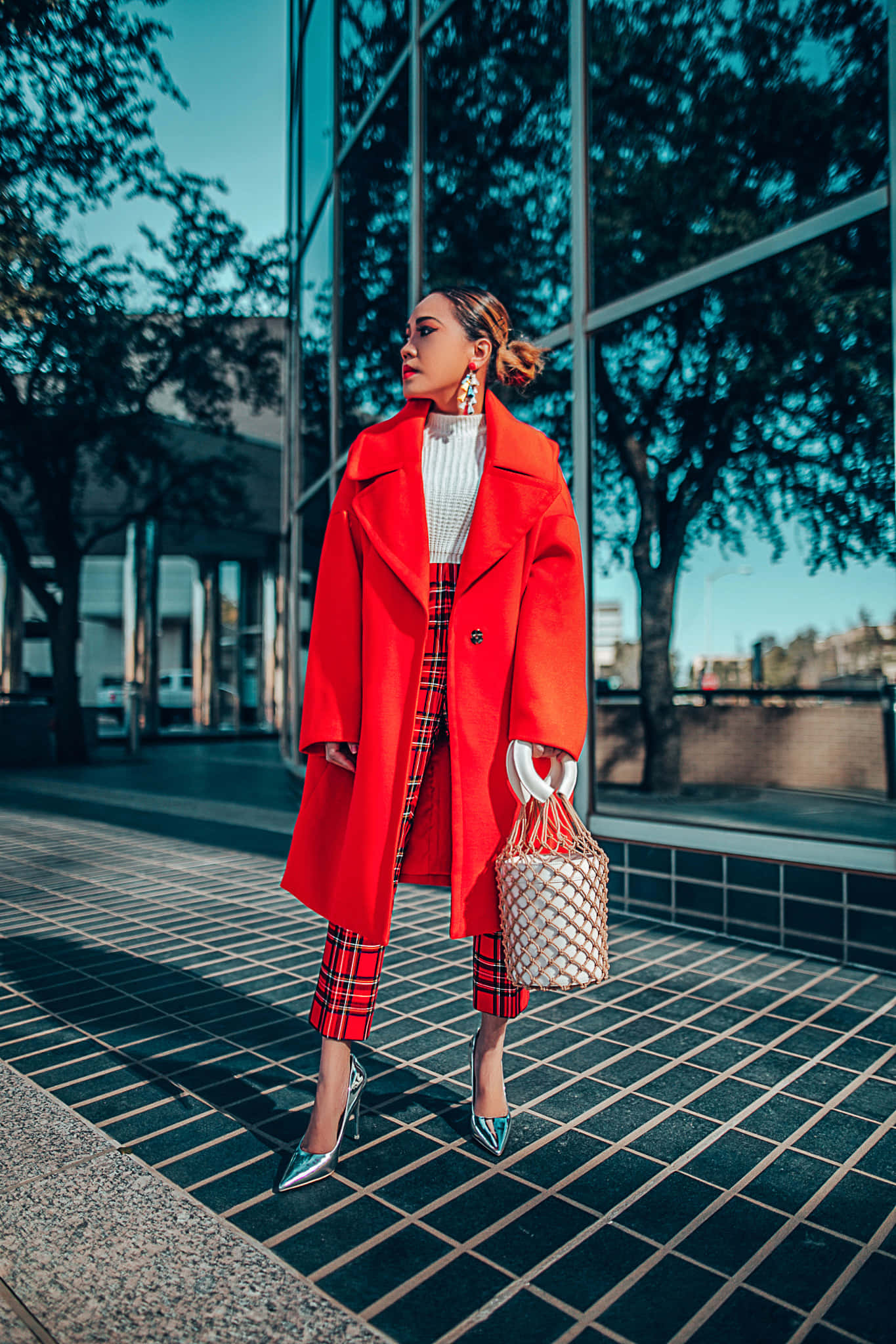 red coat, plaid pants, tiled urban sidewalk, Full HD Phone Wallpaper