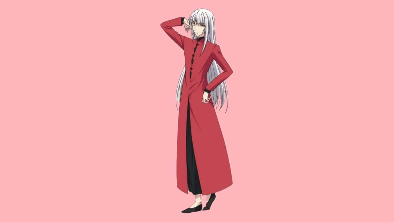 silver-haired anime character, red coat, solid pink background, HD Desktop Wallpaper