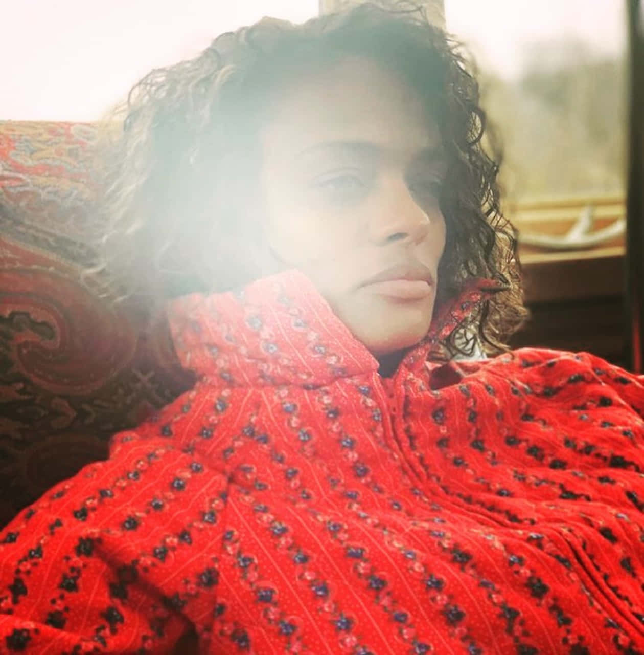 contemplative woman, red jacket, curly hair, HD Phone Wallpaper