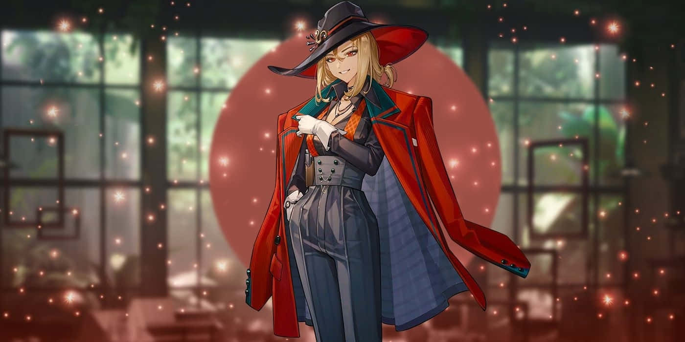 blonde anime woman, red coat, wide-brimmed hat, HD Desktop Wallpaper