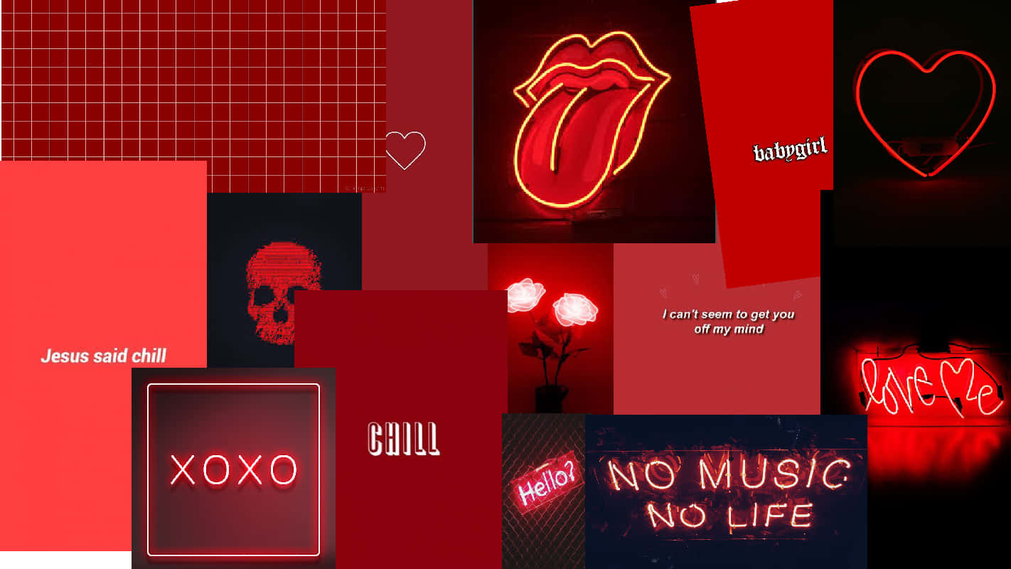 red neon collage, lips, hearts, HD Desktop Wallpaper