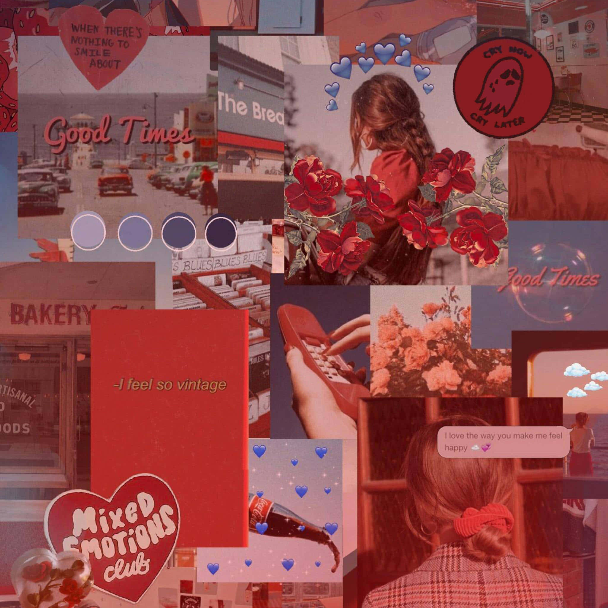 Red Collage, vintage photos, hearts, Full HD Desktop Wallpaper