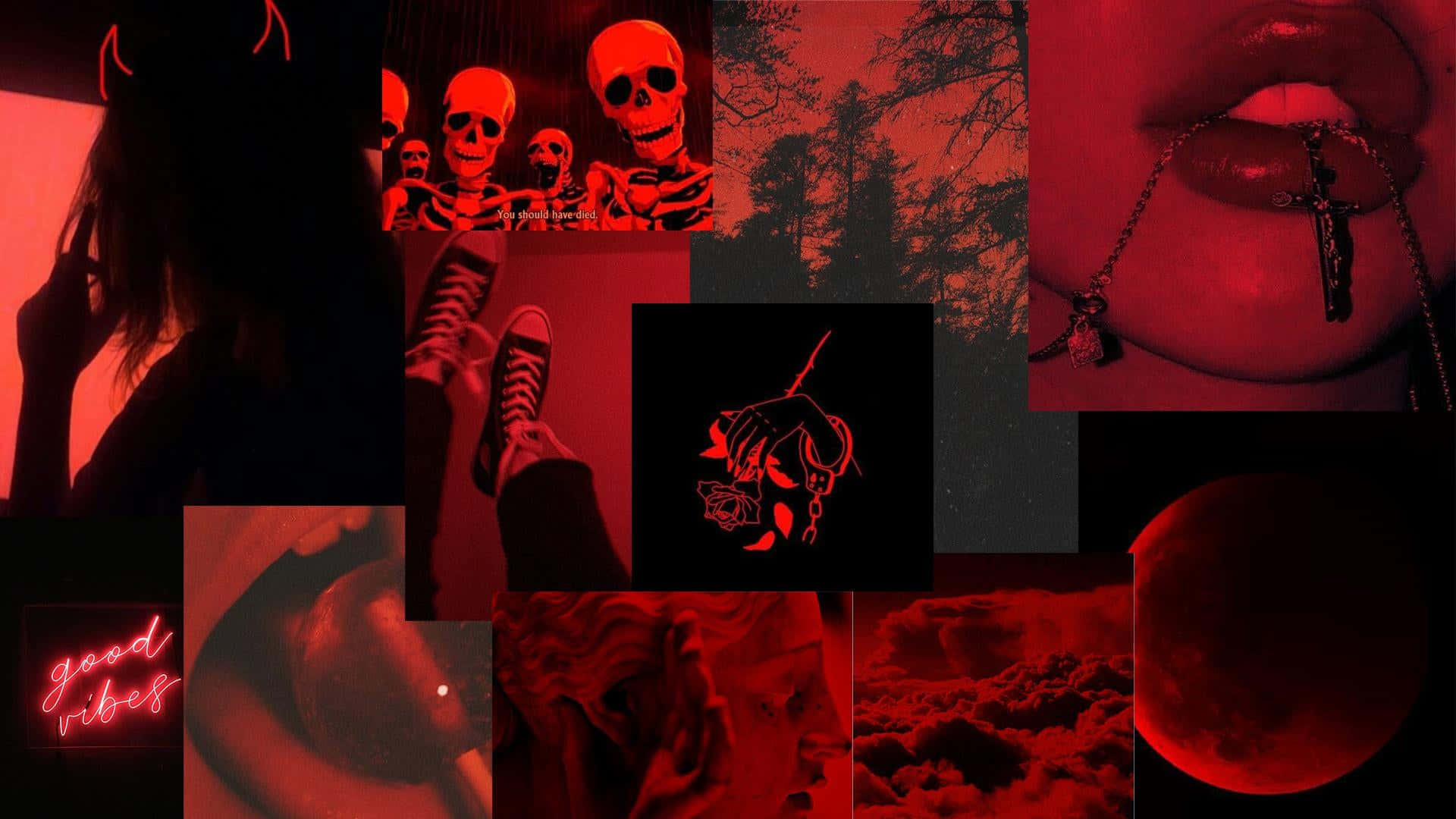 red collage, skulls, lips, Full HD Desktop Wallpaper