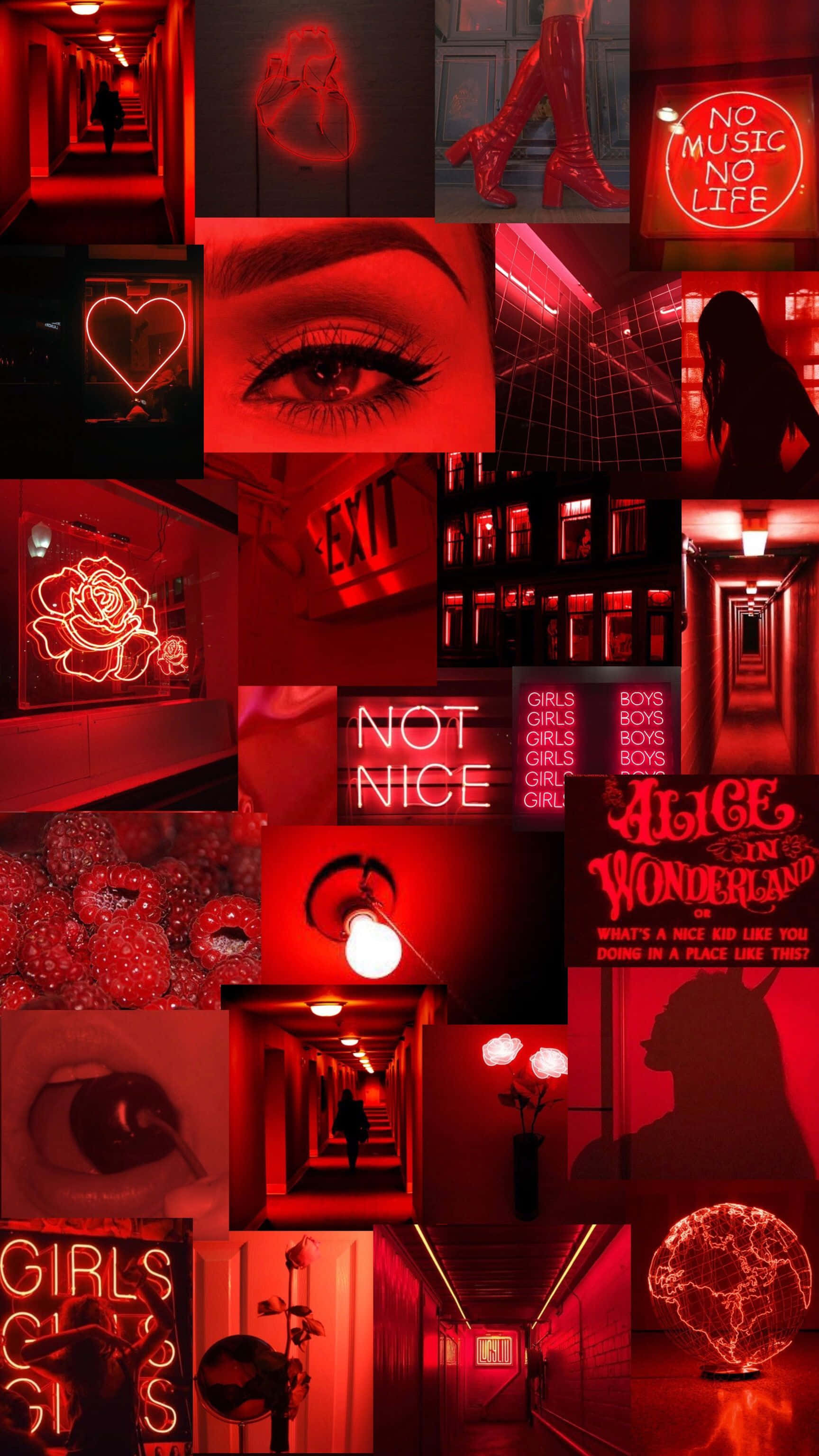 red collage, neon signs, eyes, 2K Phone Wallpaper
