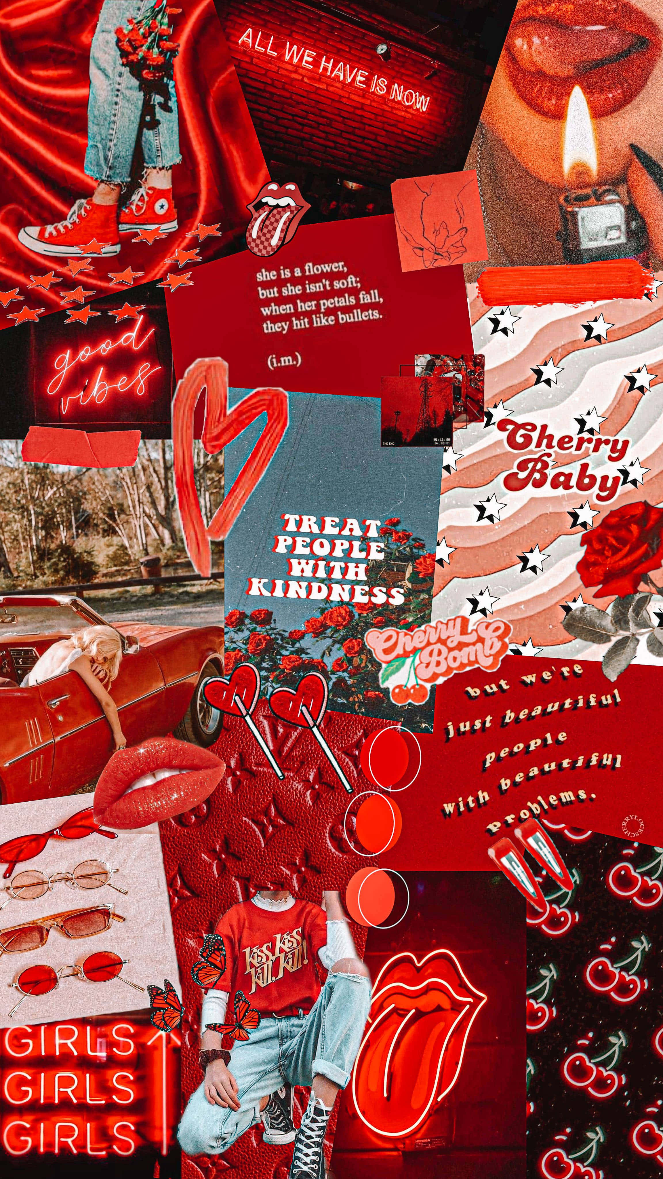 Red Collage, cherries lips, flames, 4K Phone Wallpaper