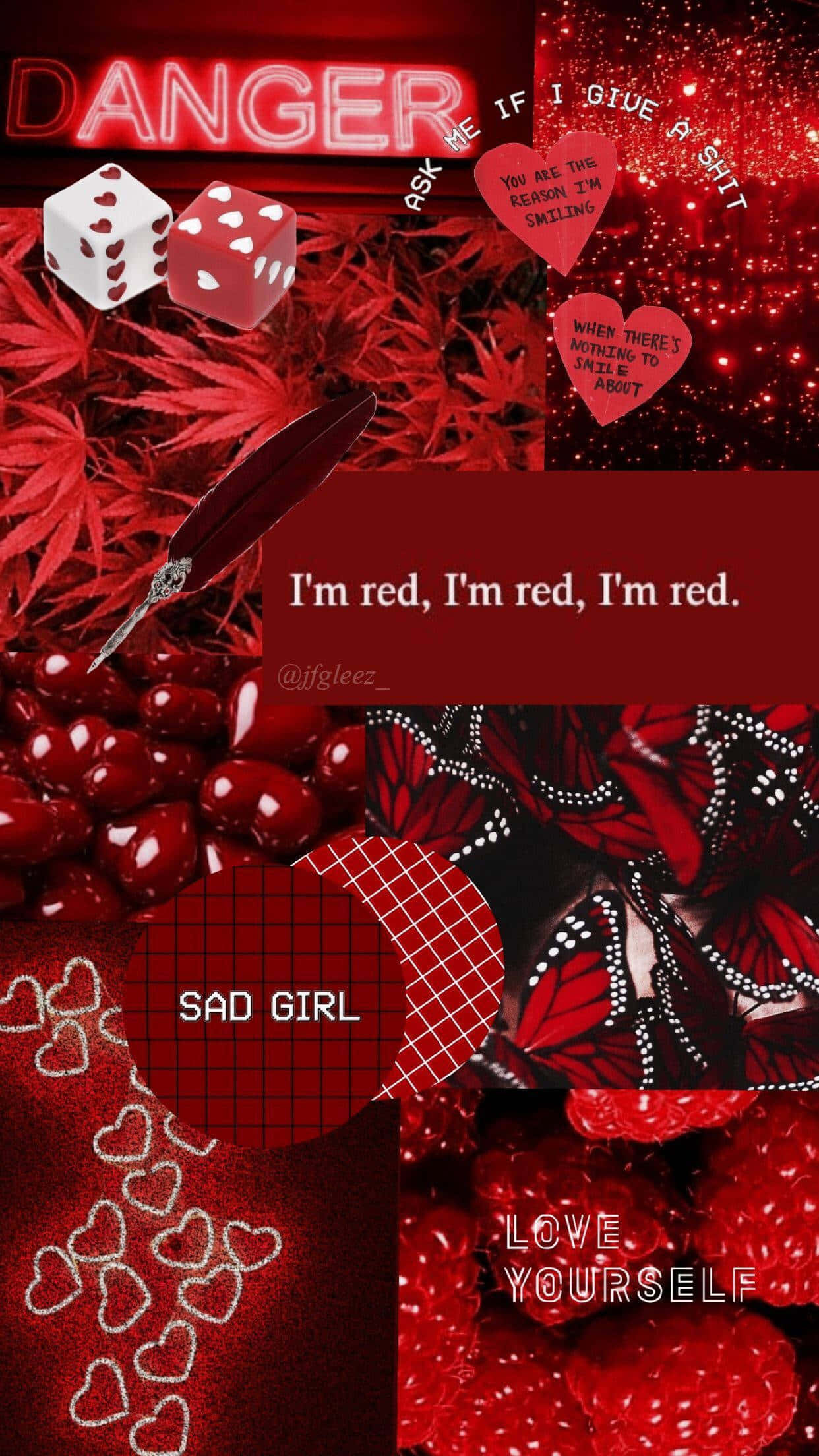 red collage, dice hearts text, berries, Full HD Phone Wallpaper