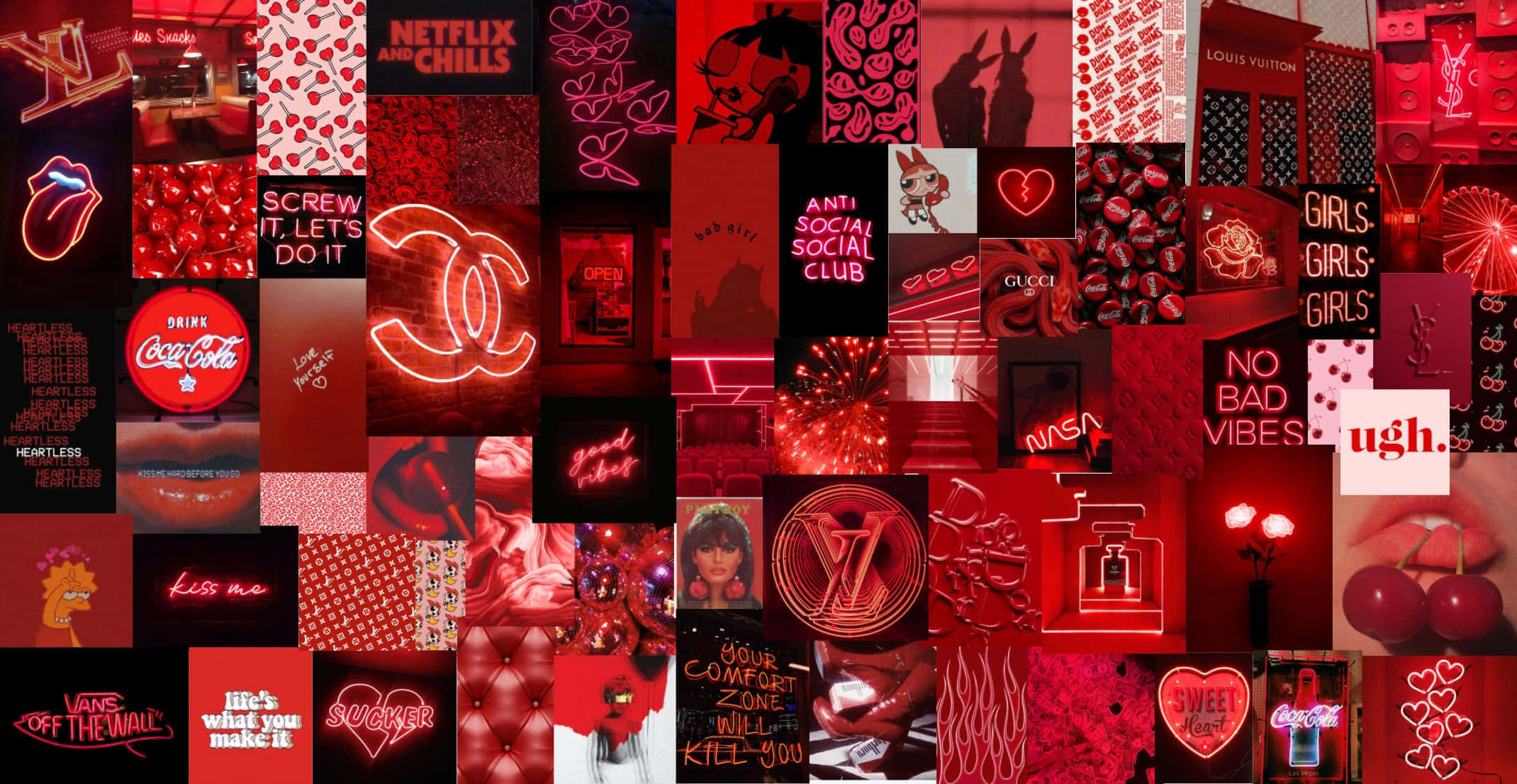 red collage, pop culture icons, logos, Full HD Desktop Wallpaper
