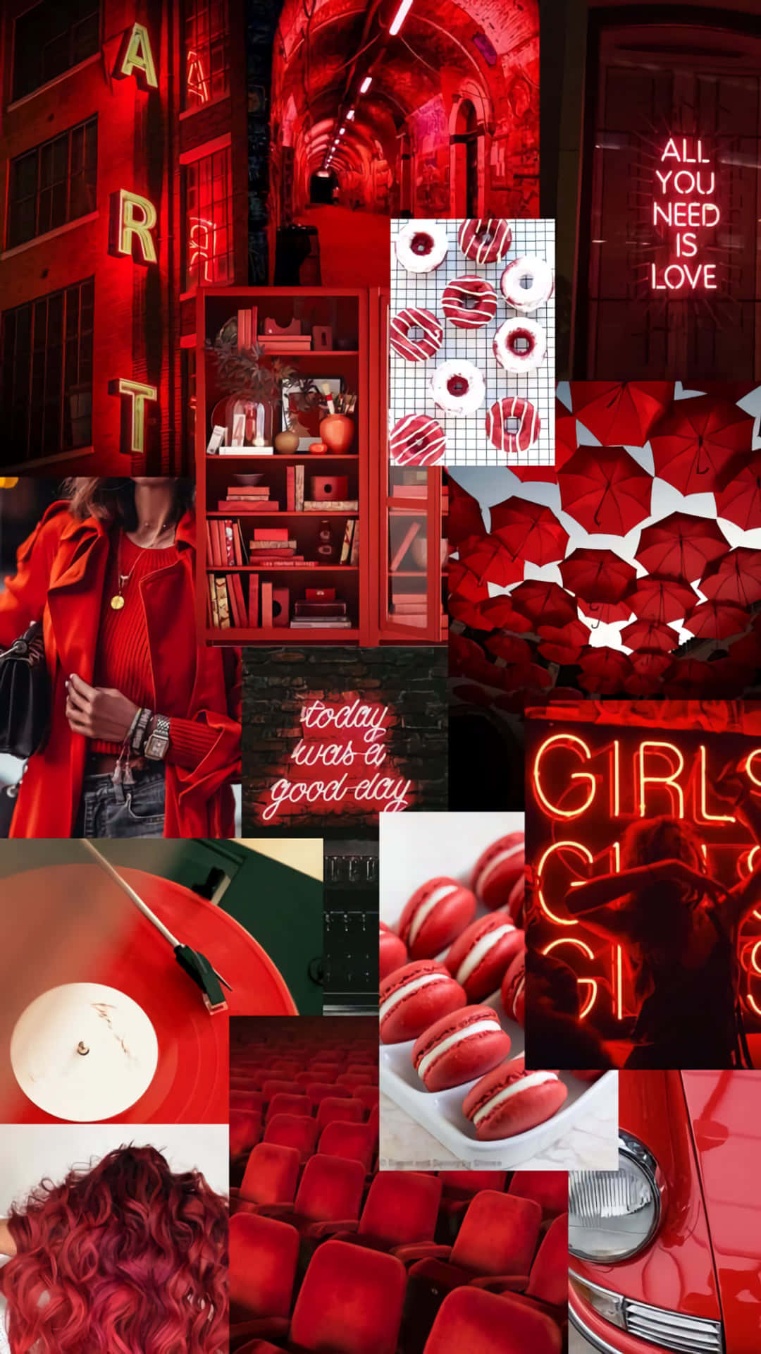 Red Collage, neon signs, books, Full HD Phone Wallpaper