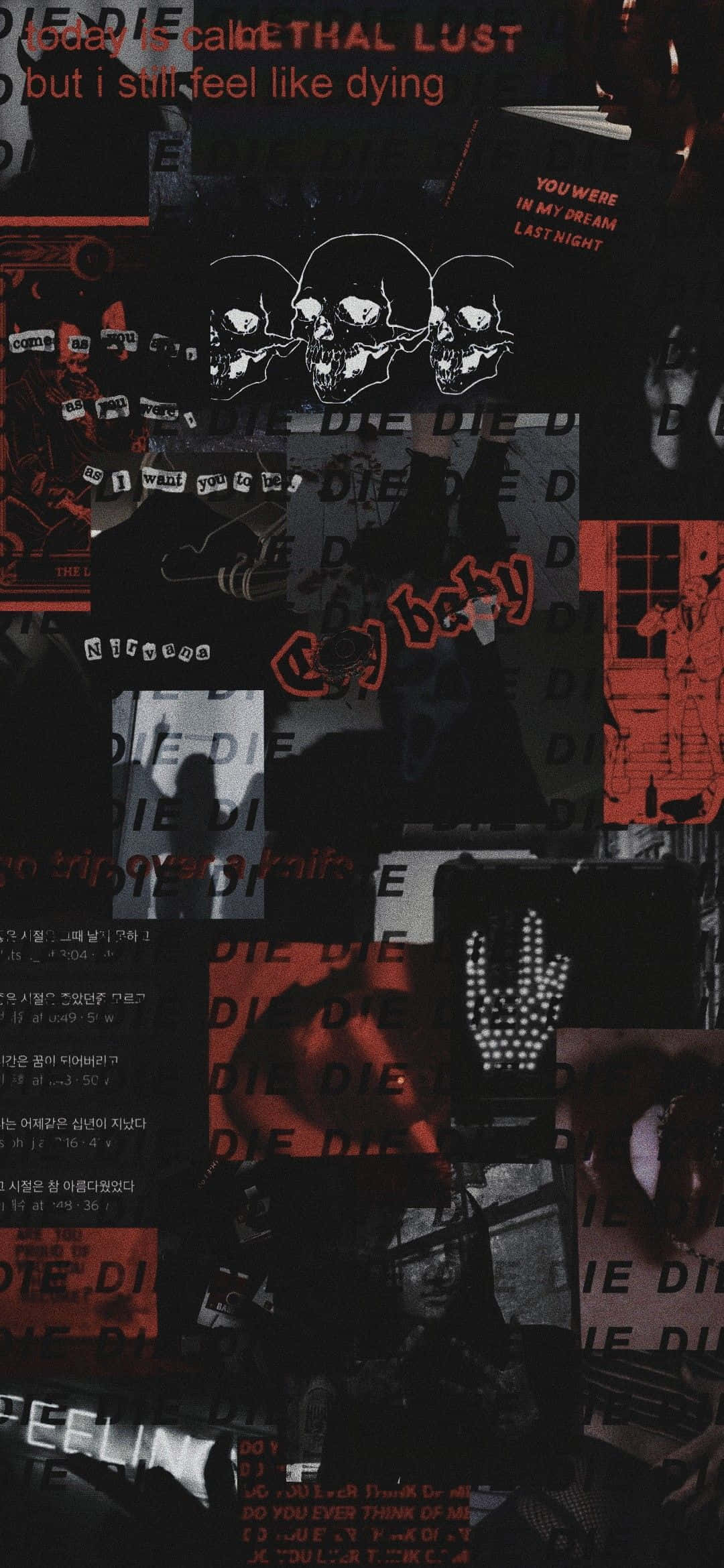 Red Collage, skulls, text fragments, Full HD Phone Wallpaper