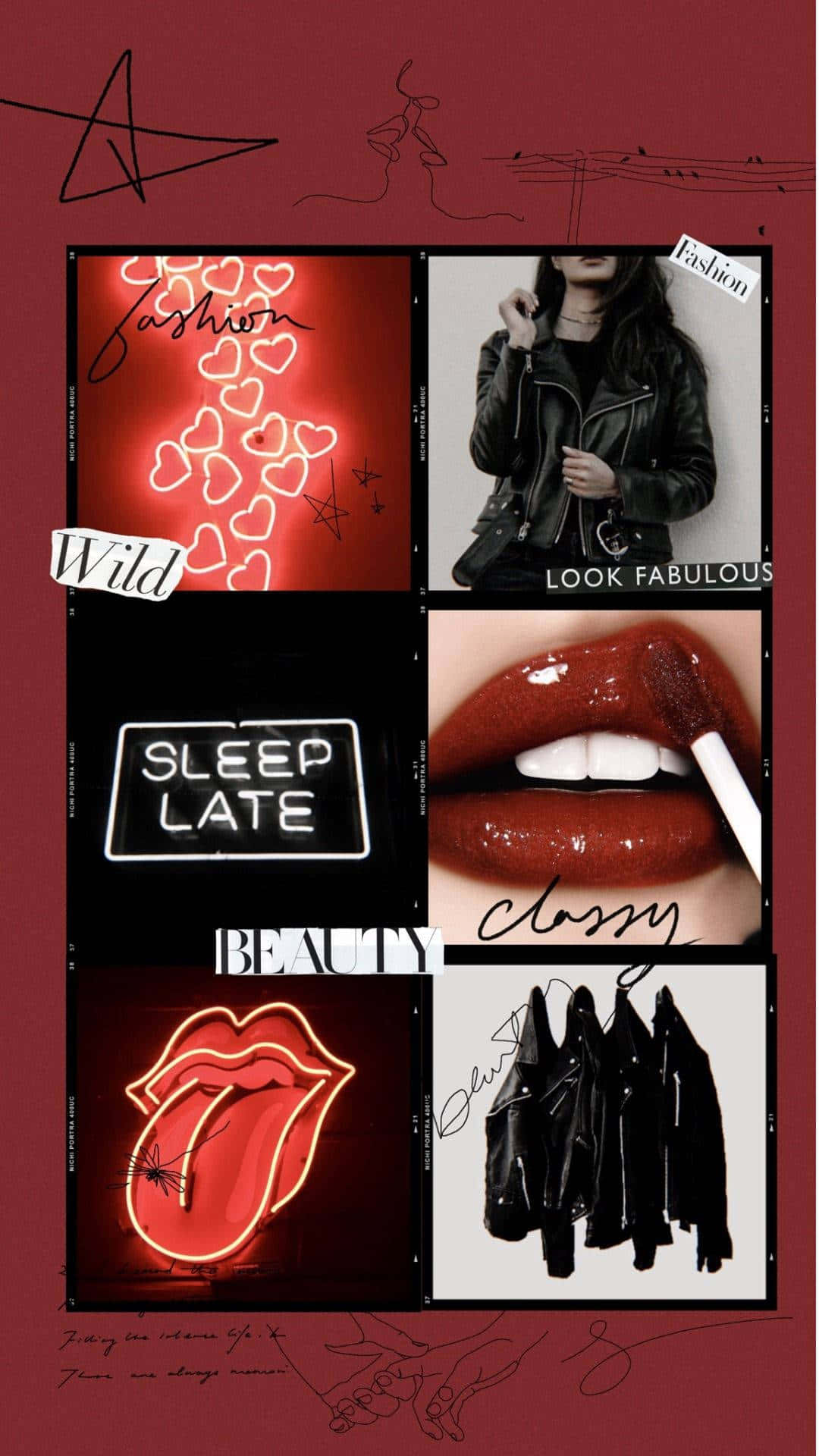 Red Collage, neon hearts, lips, Full HD Phone Wallpaper