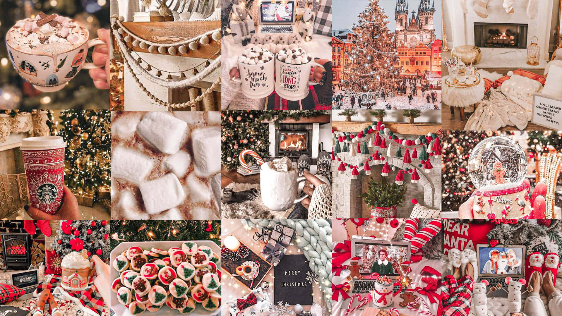 Red Collage, Christmas scenes, hot cocoa with marshmallows, Full HD Desktop Wallpaper