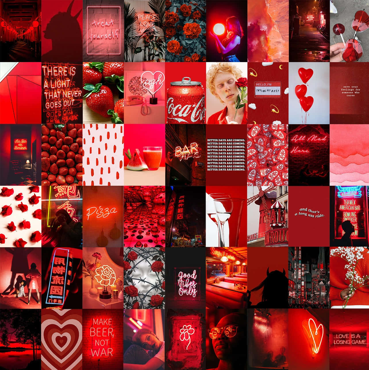 red collage, neon signs, strawberries, HD Phone Wallpaper