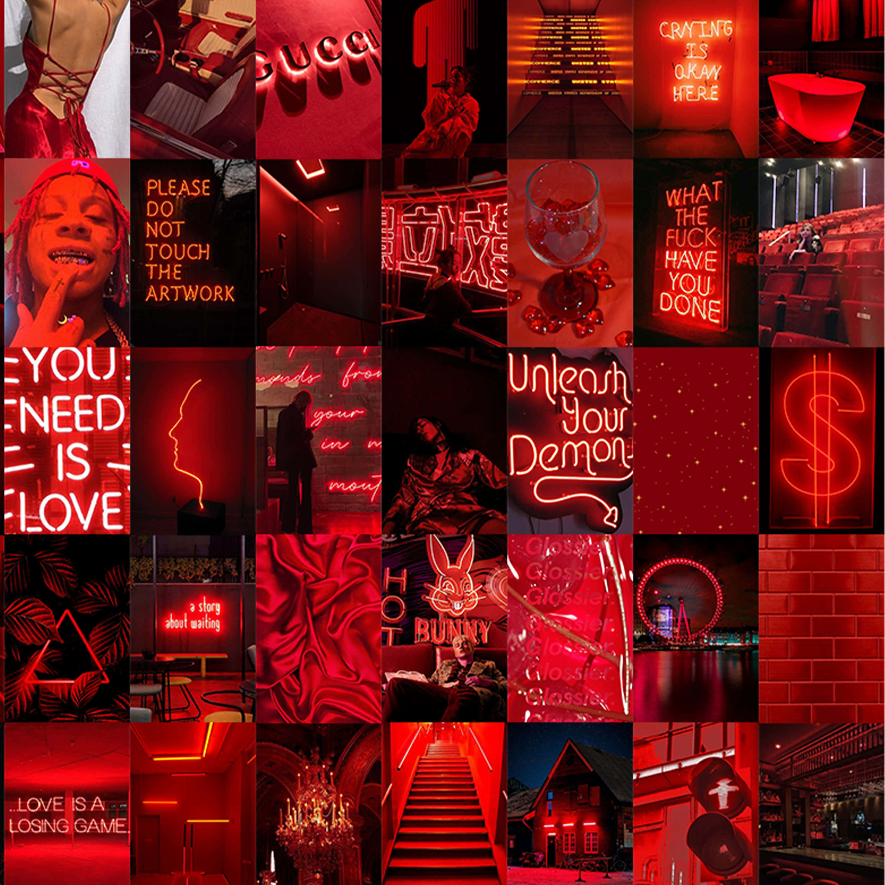 Red Collage, neon signs, luxury interiors, 2K Desktop Wallpaper