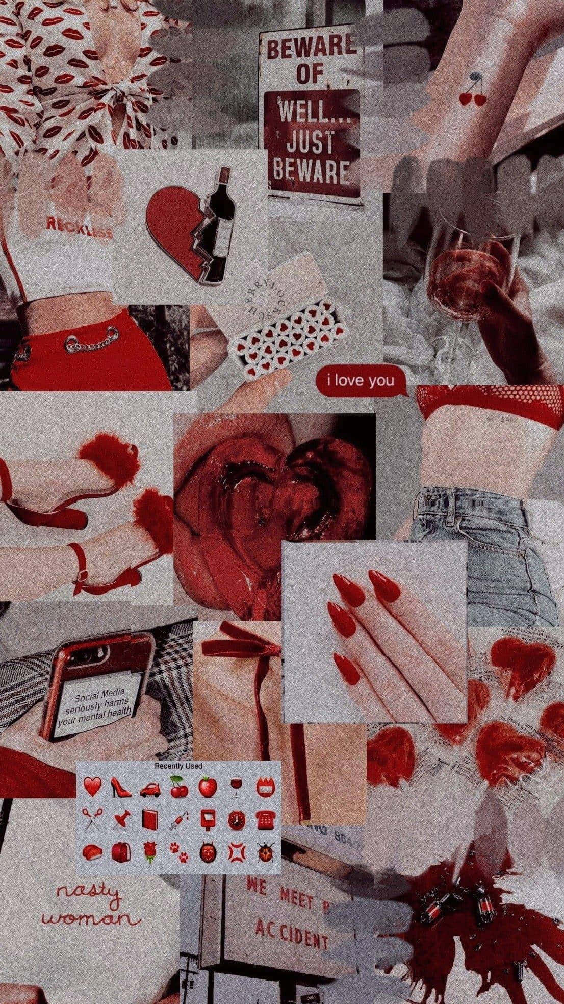 red collage, lips, wine hearts, Full HD Phone Wallpaper