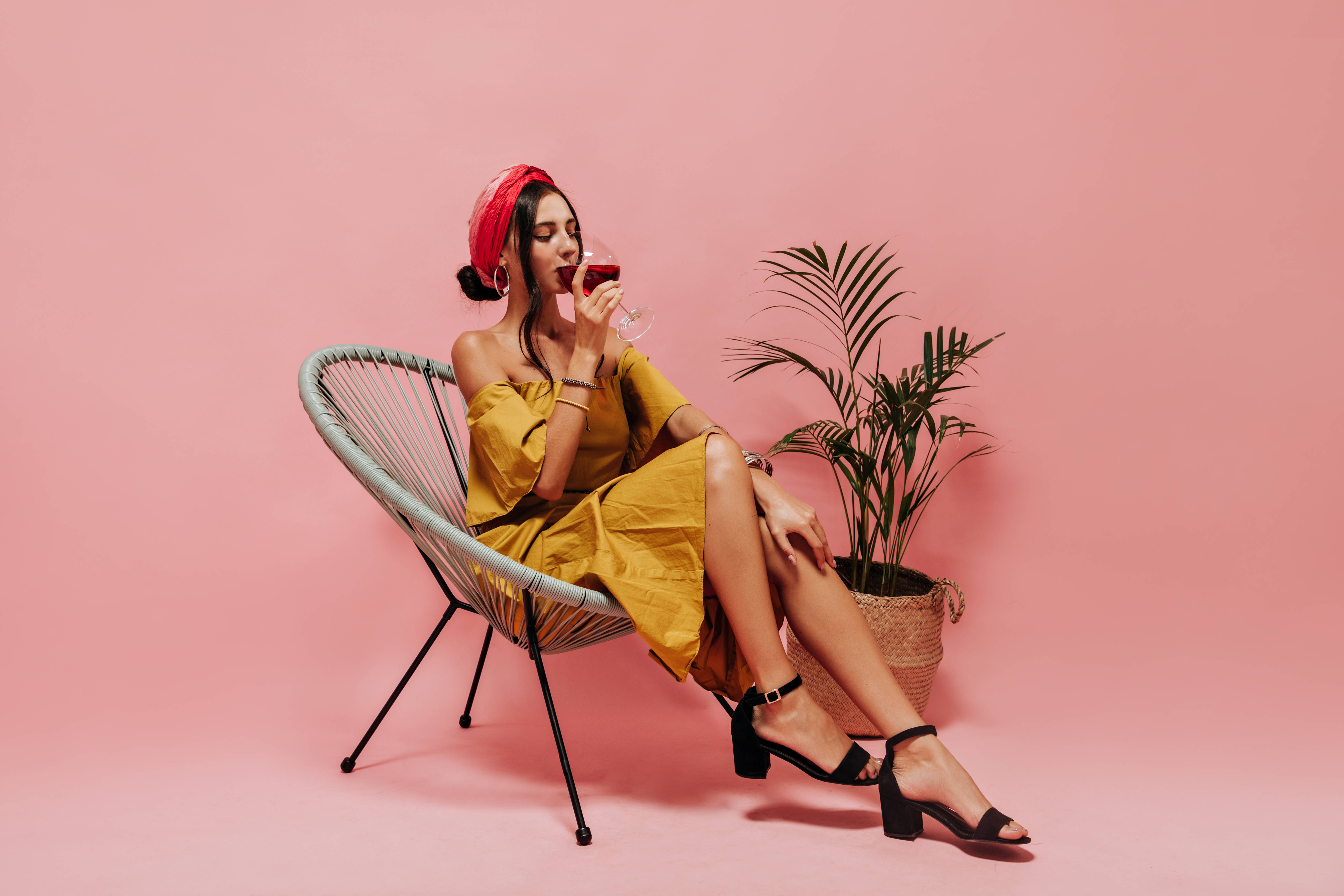 vibrant red bandana, pale background, yellow dress, 5K Desktop Wallpaper