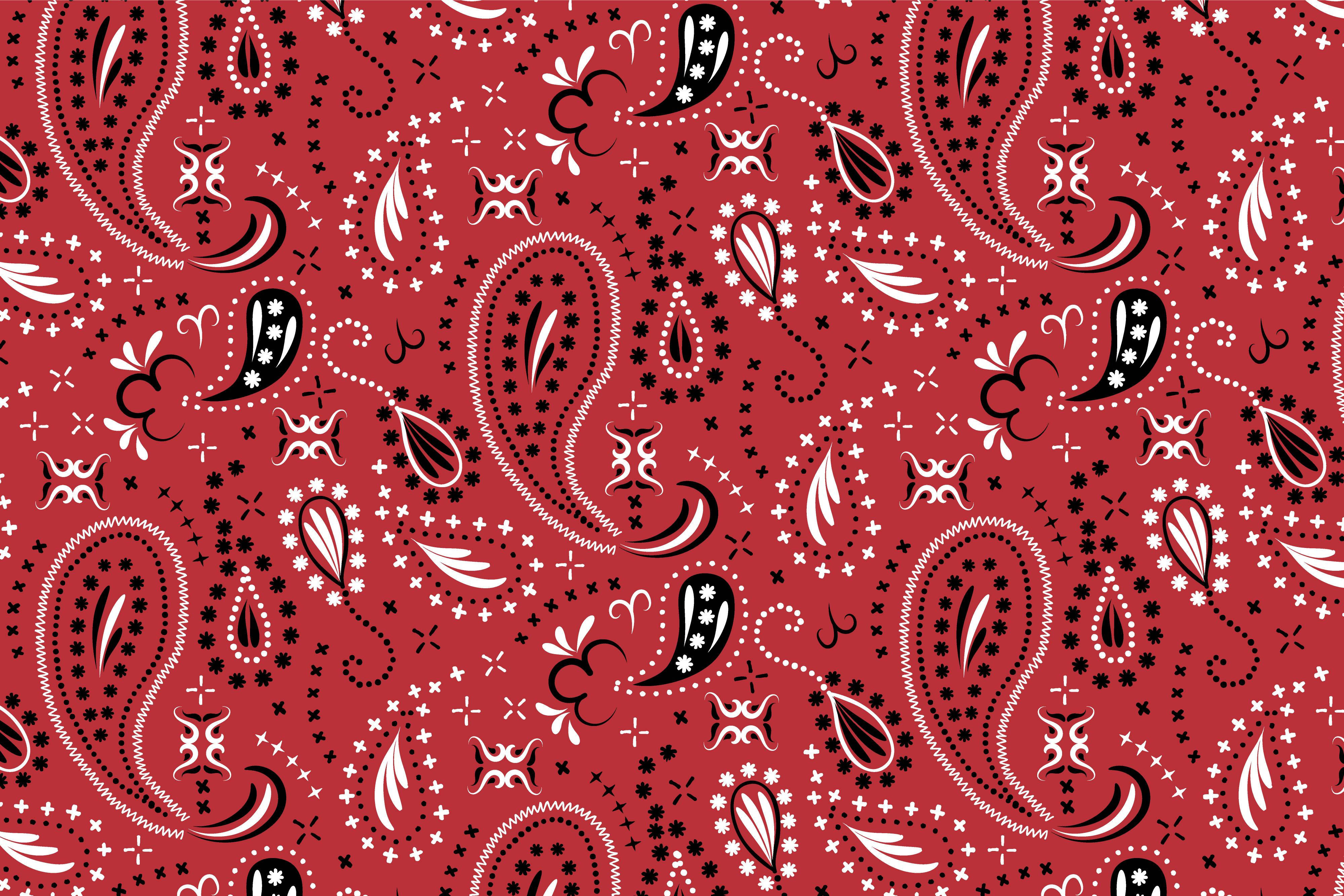 red bandana, vibrant red background, white and black paisley patterns, 4K Desktop Wallpaper